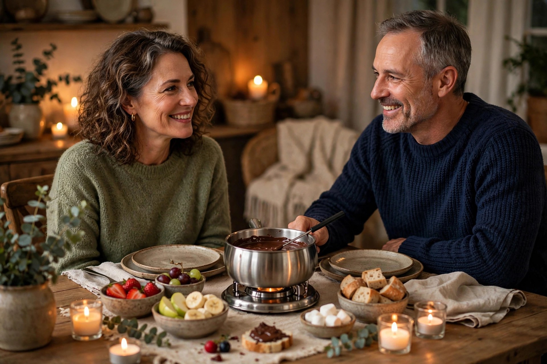 Mature couple enjoying a chocolate fondue date night at home with candlelight