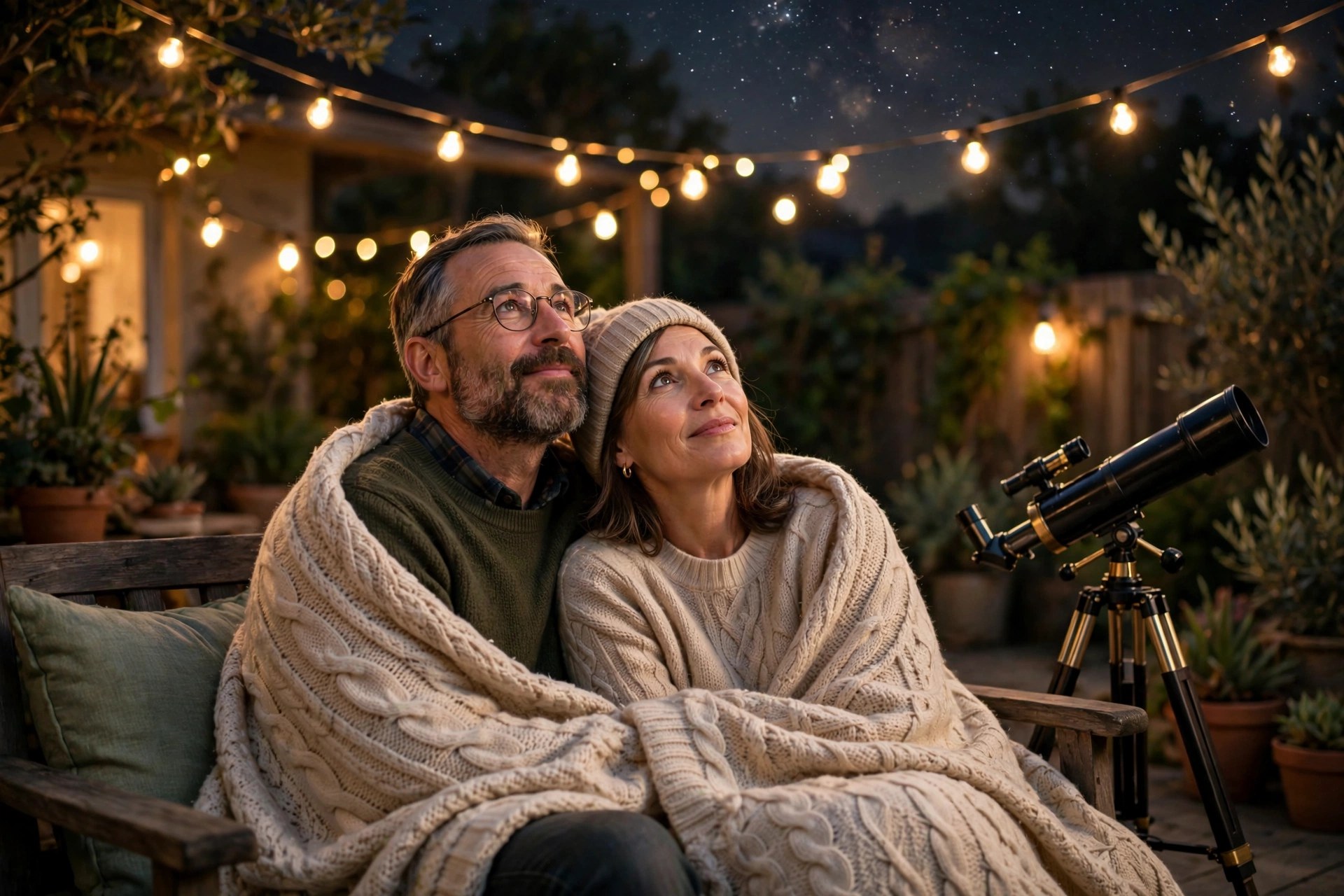 Couple in their 50s stargazing under string lights in their backyard at night