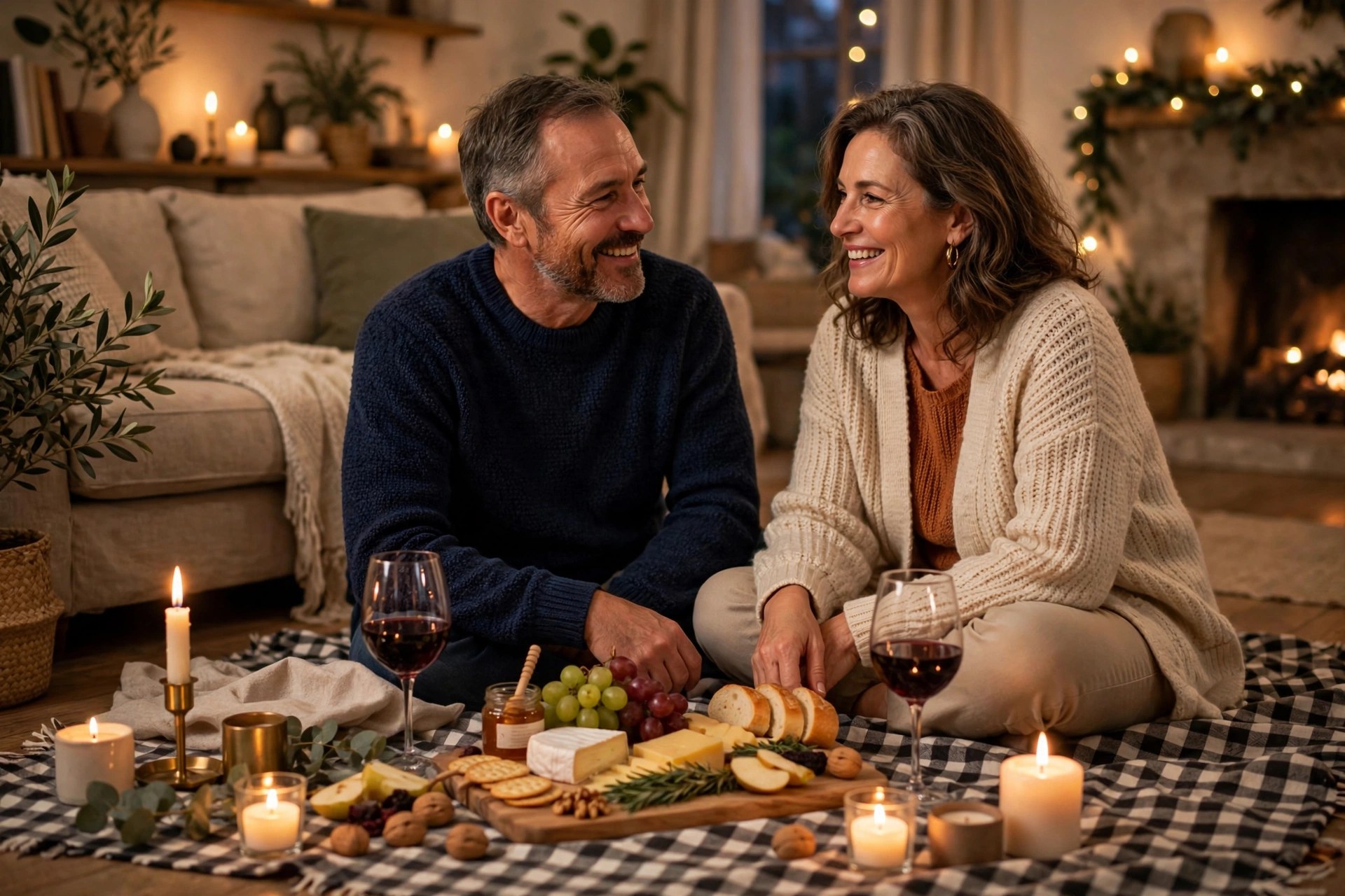 Candlelit indoor picnic on the living room floor with a cheese board and wine
