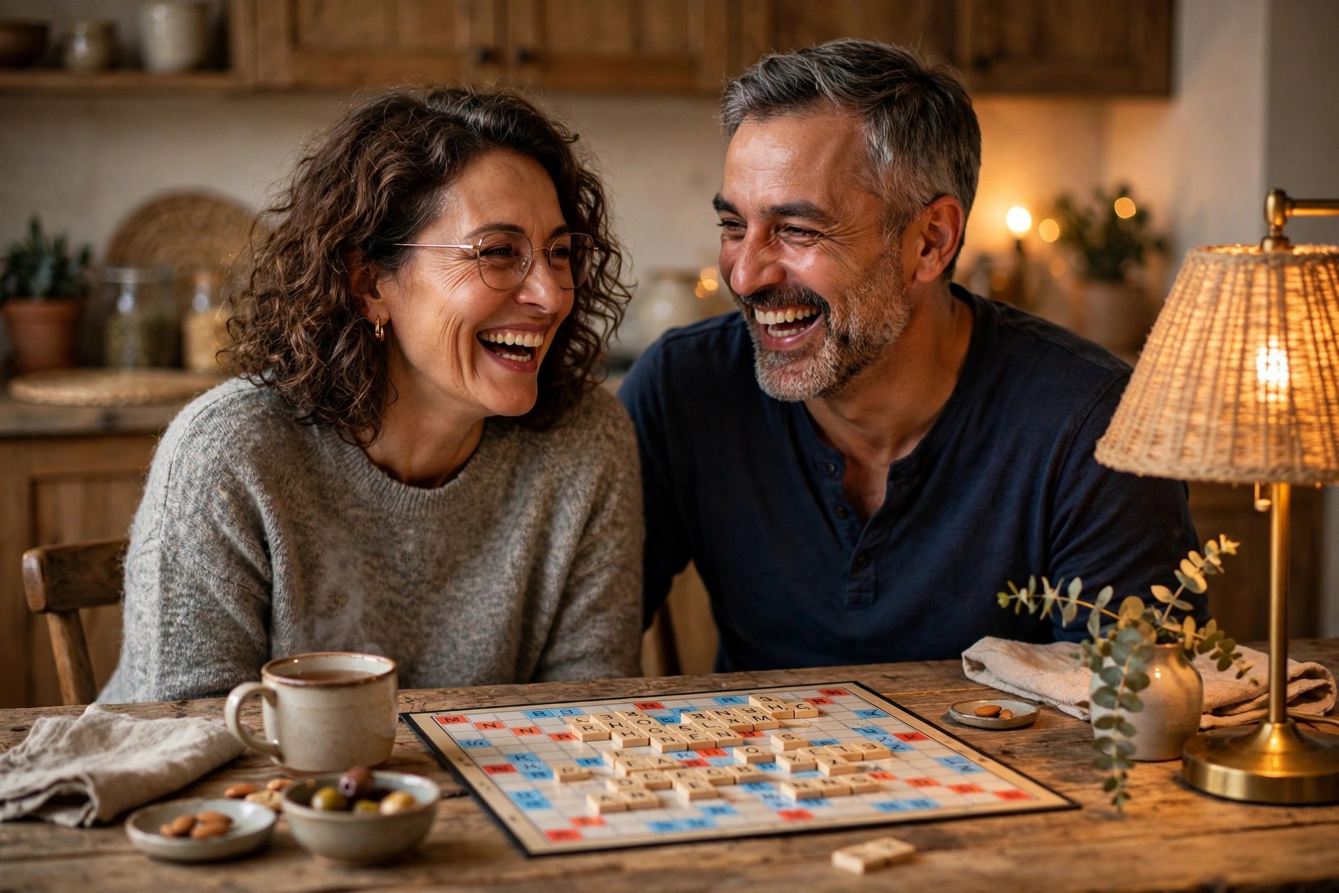Mature couple laughing together during a two-player board game night at home