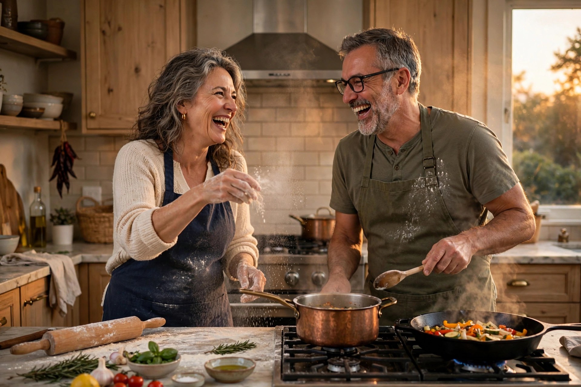 Couple cooking together in the kitchen for a playful at-home cook-off date