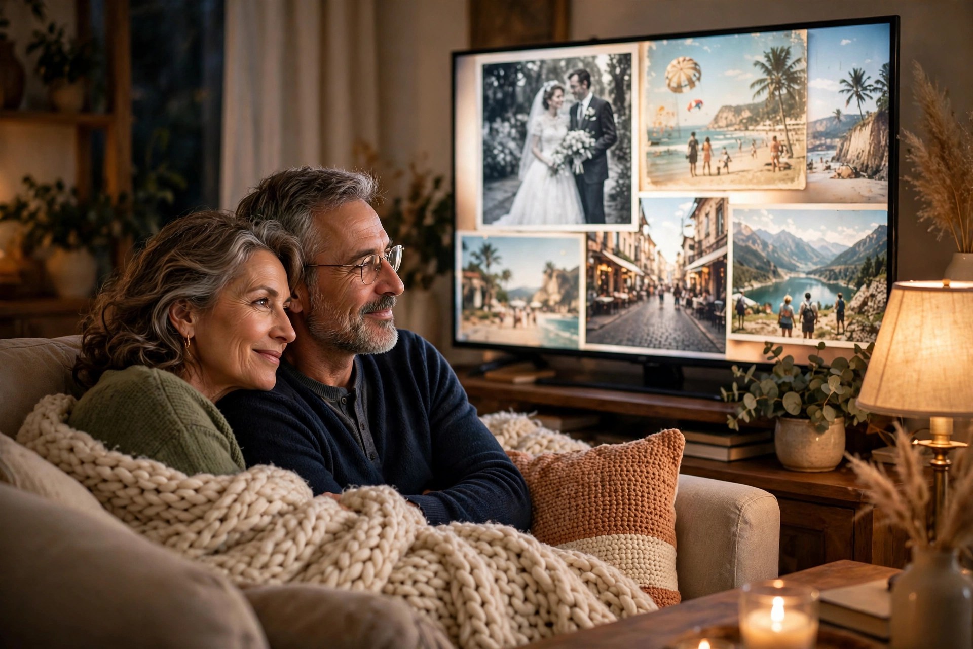 Couple cuddled on the couch watching old wedding photos on the TV