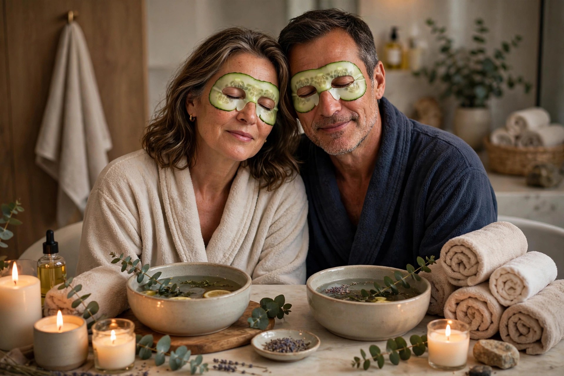 Couple relaxing with cucumber eye masks during an at-home spa date night