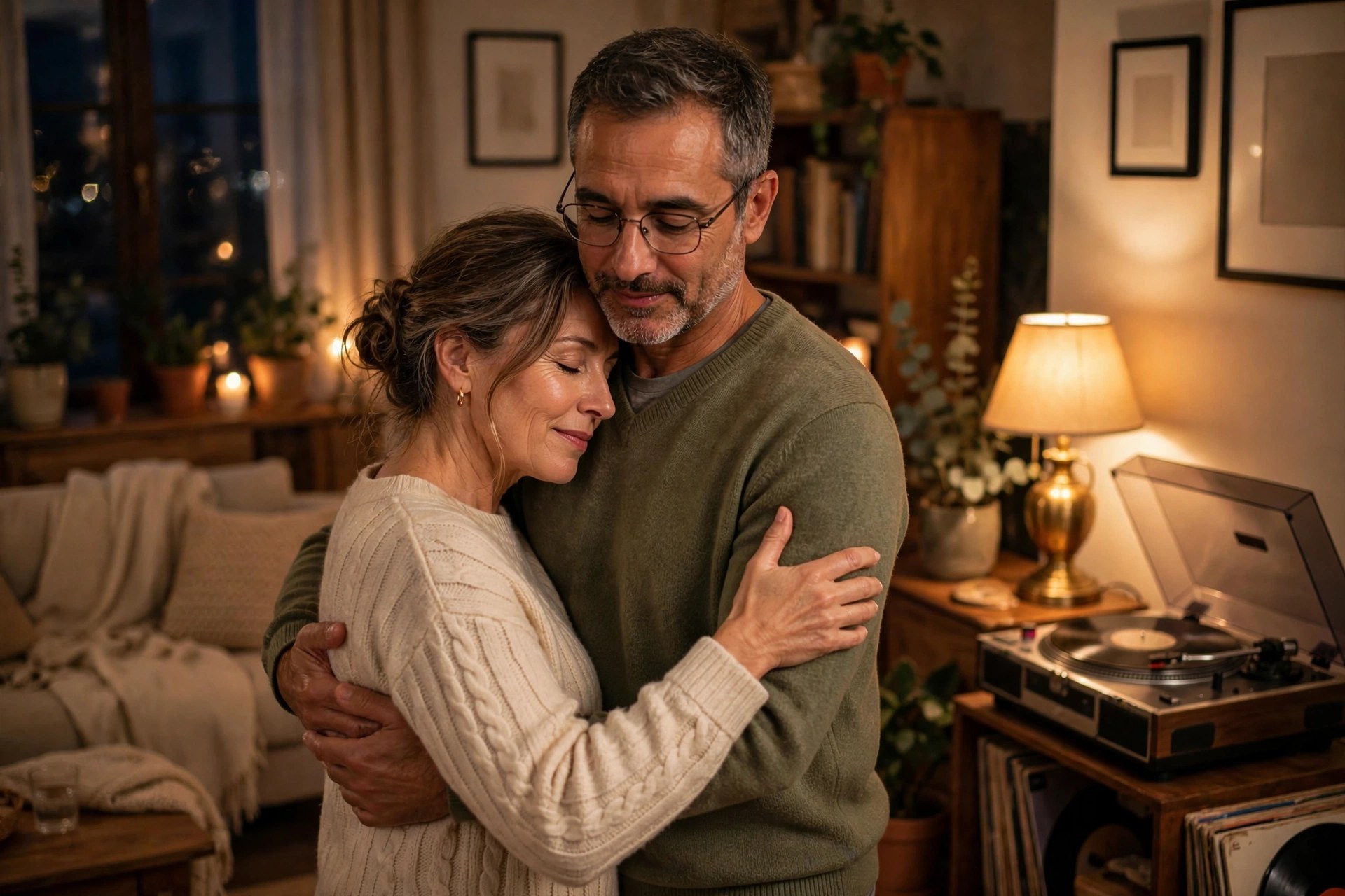 Mature couple slow dancing in their living room at night