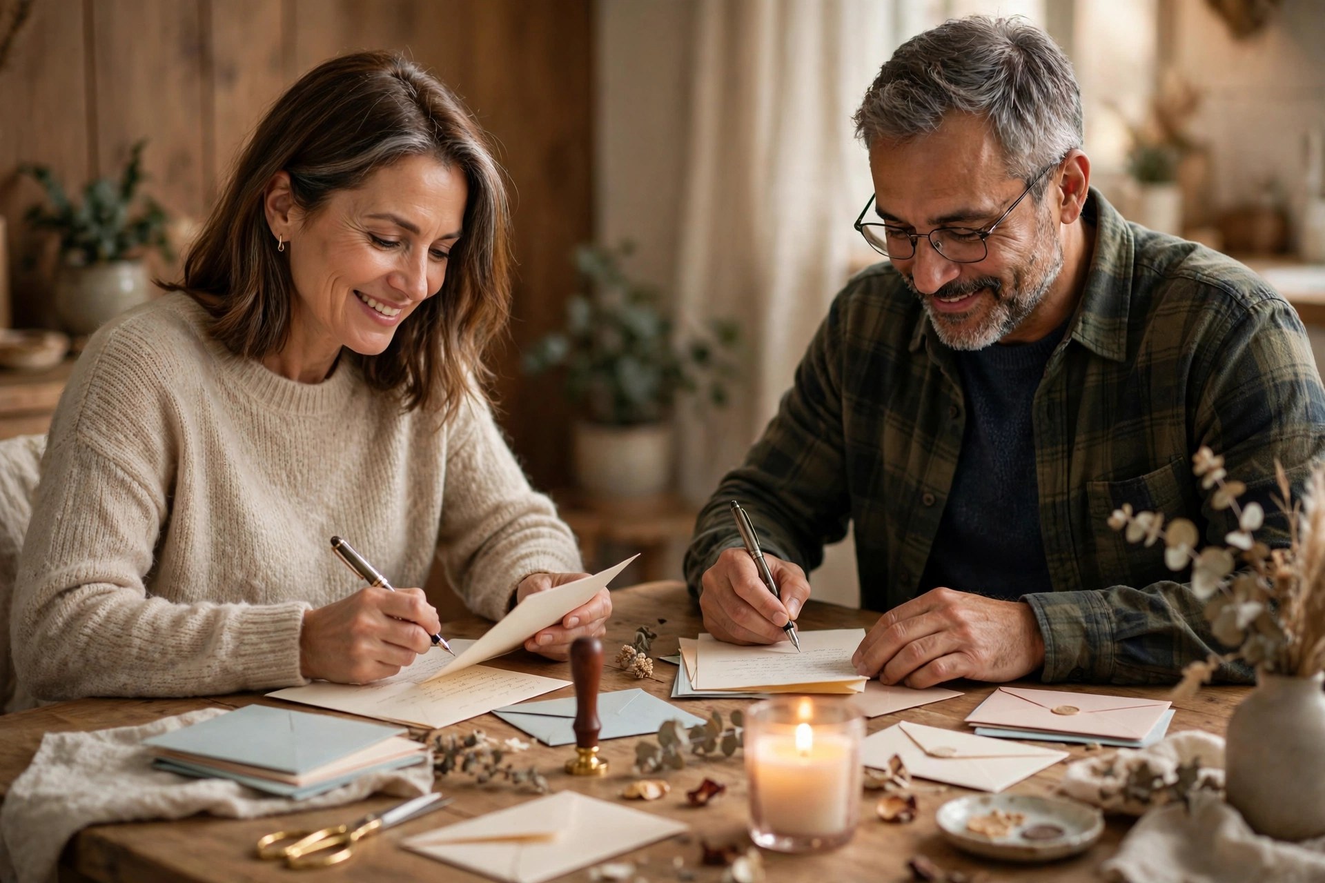 Couple writing love letters to each other by candlelight