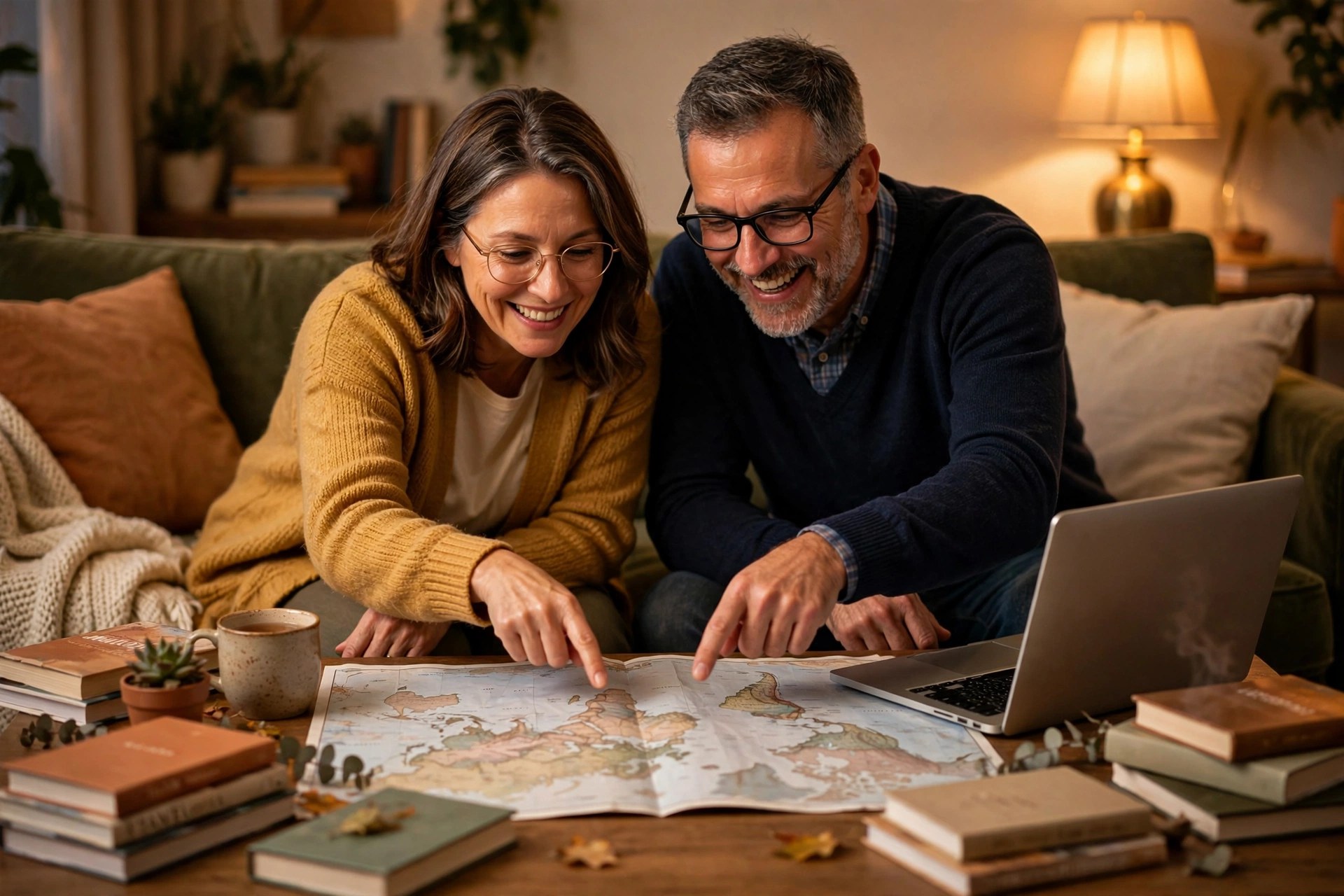 Couple planning a dream trip together with a world map on the coffee table