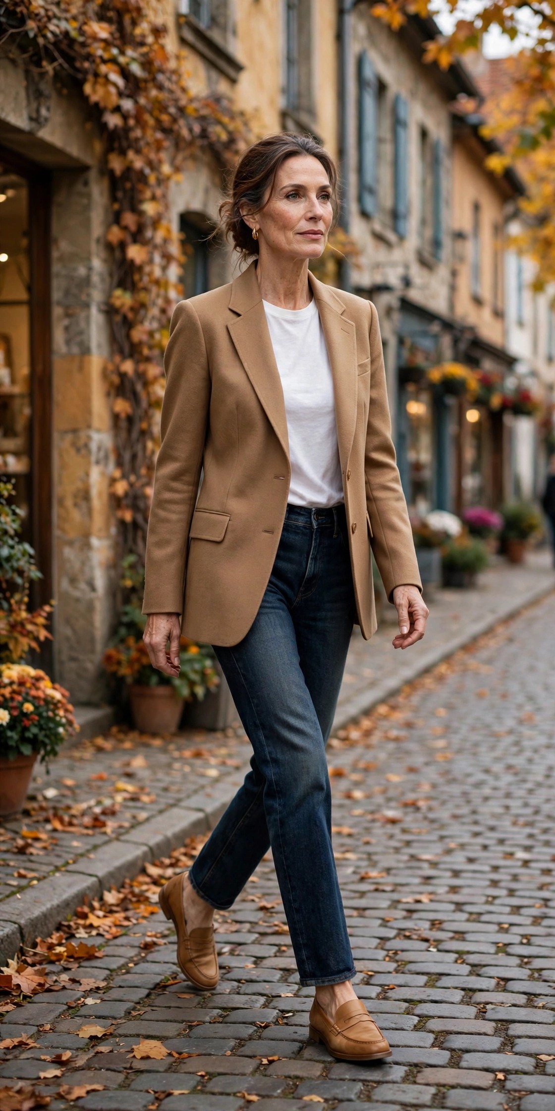 Woman over 50 wearing a camel blazer with white tee, dark jeans, and loafers