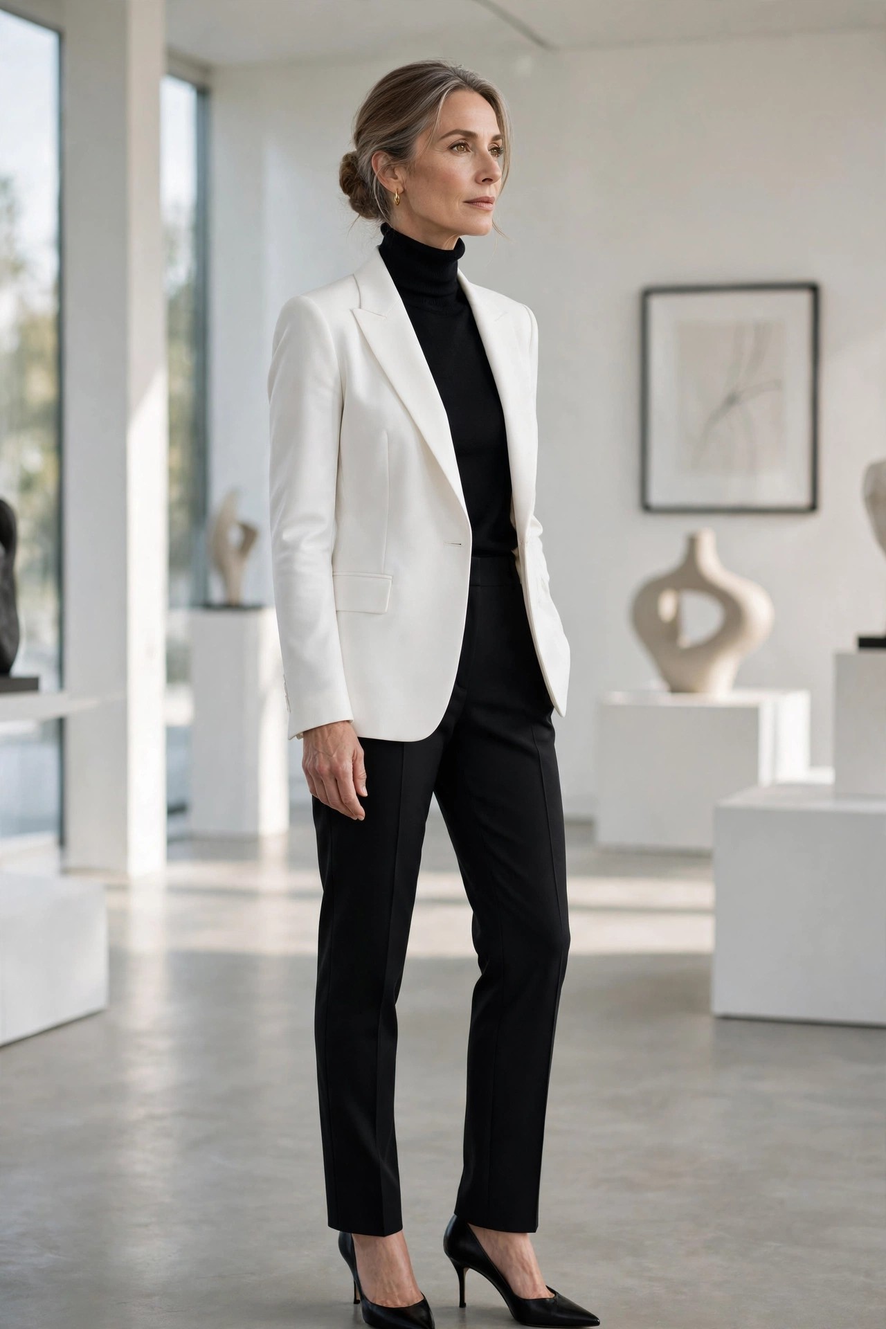 Woman over 50 wearing a white blazer over an all-black outfit with pointed pumps