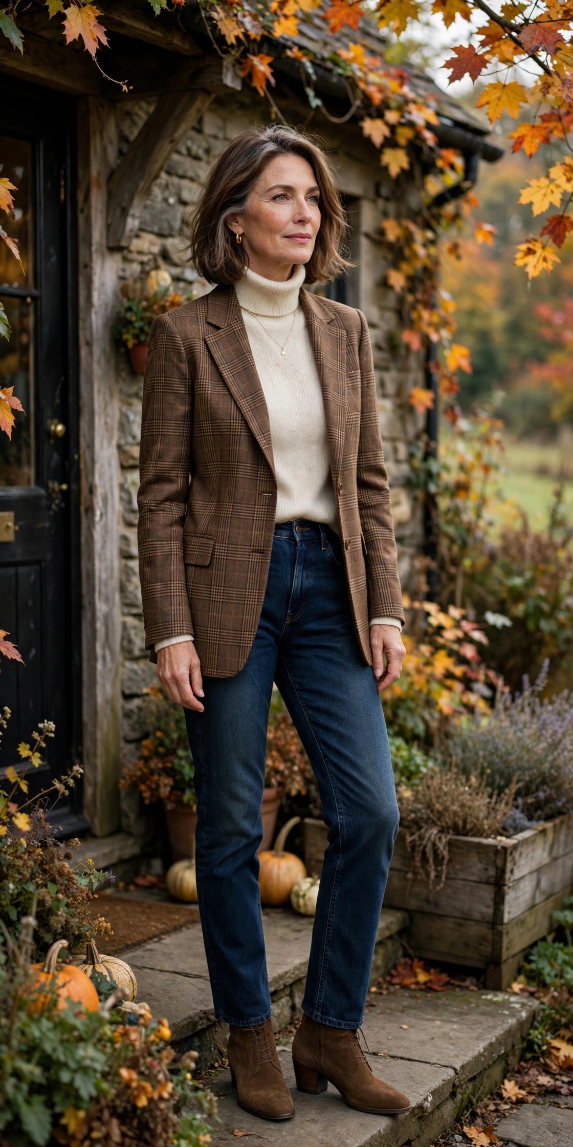 Woman over 50 in a brown plaid blazer with cream turtleneck, dark jeans, and ankle boots