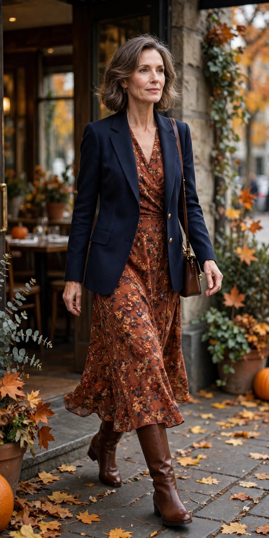 Woman over 50 wearing a navy blazer over a rust floral midi dress with brown boots