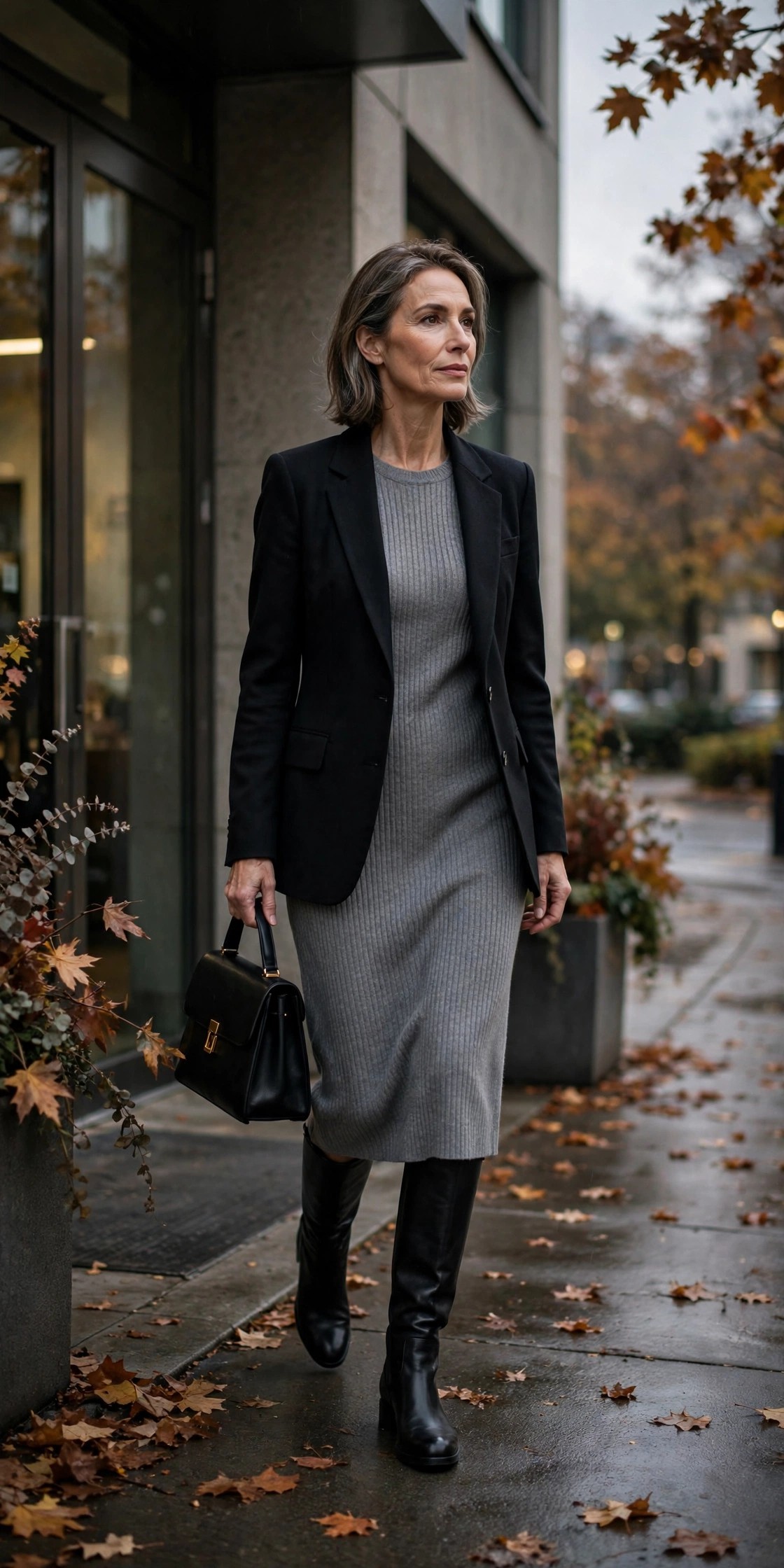 Woman over 50 wearing a black blazer over a grey knit midi dress with knee-high boots