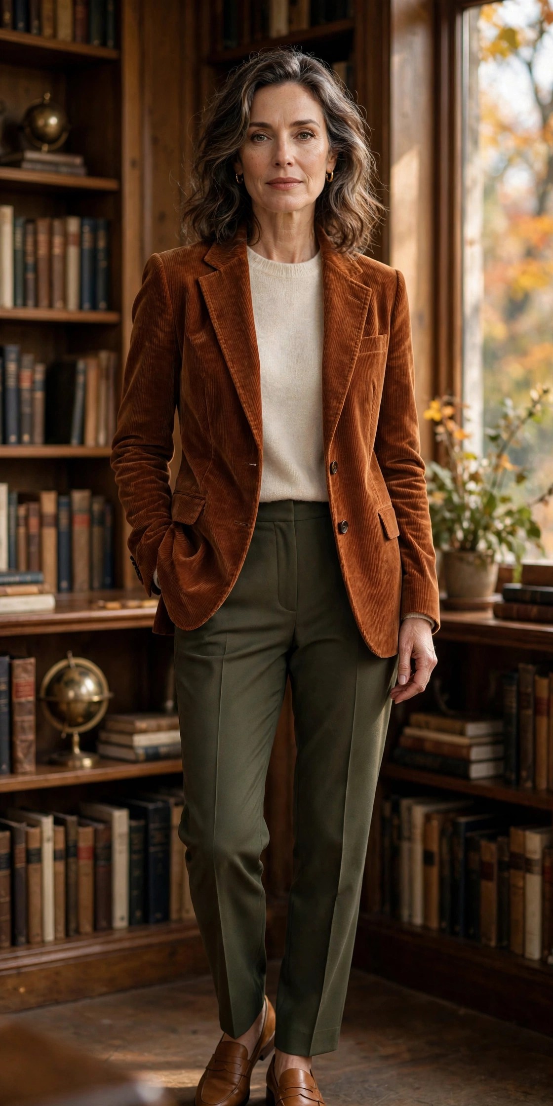 Woman over 50 in a rust corduroy blazer with cream sweater and olive trousers