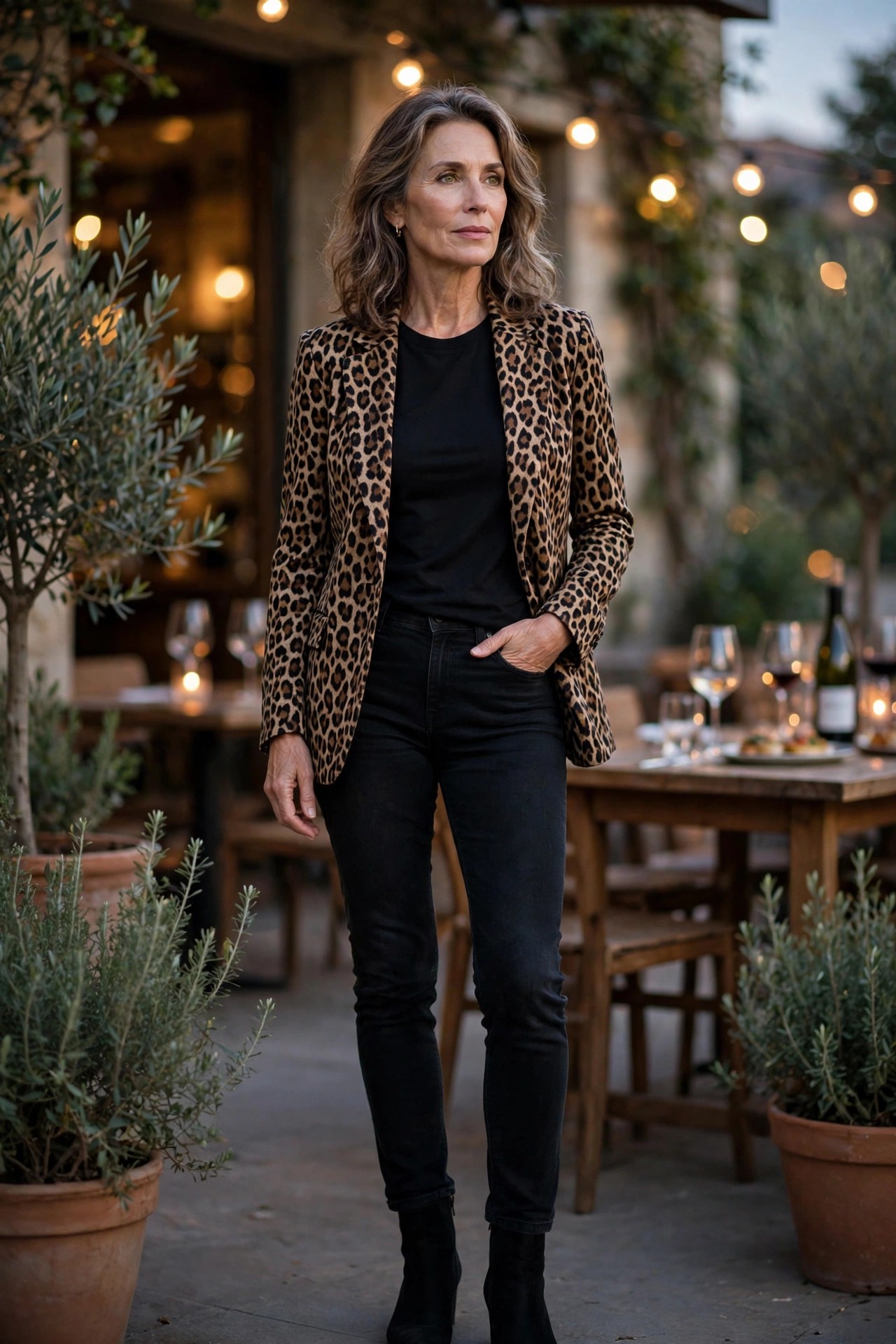 Woman over 50 wearing a leopard-print blazer with black top, jeans, and ankle boots