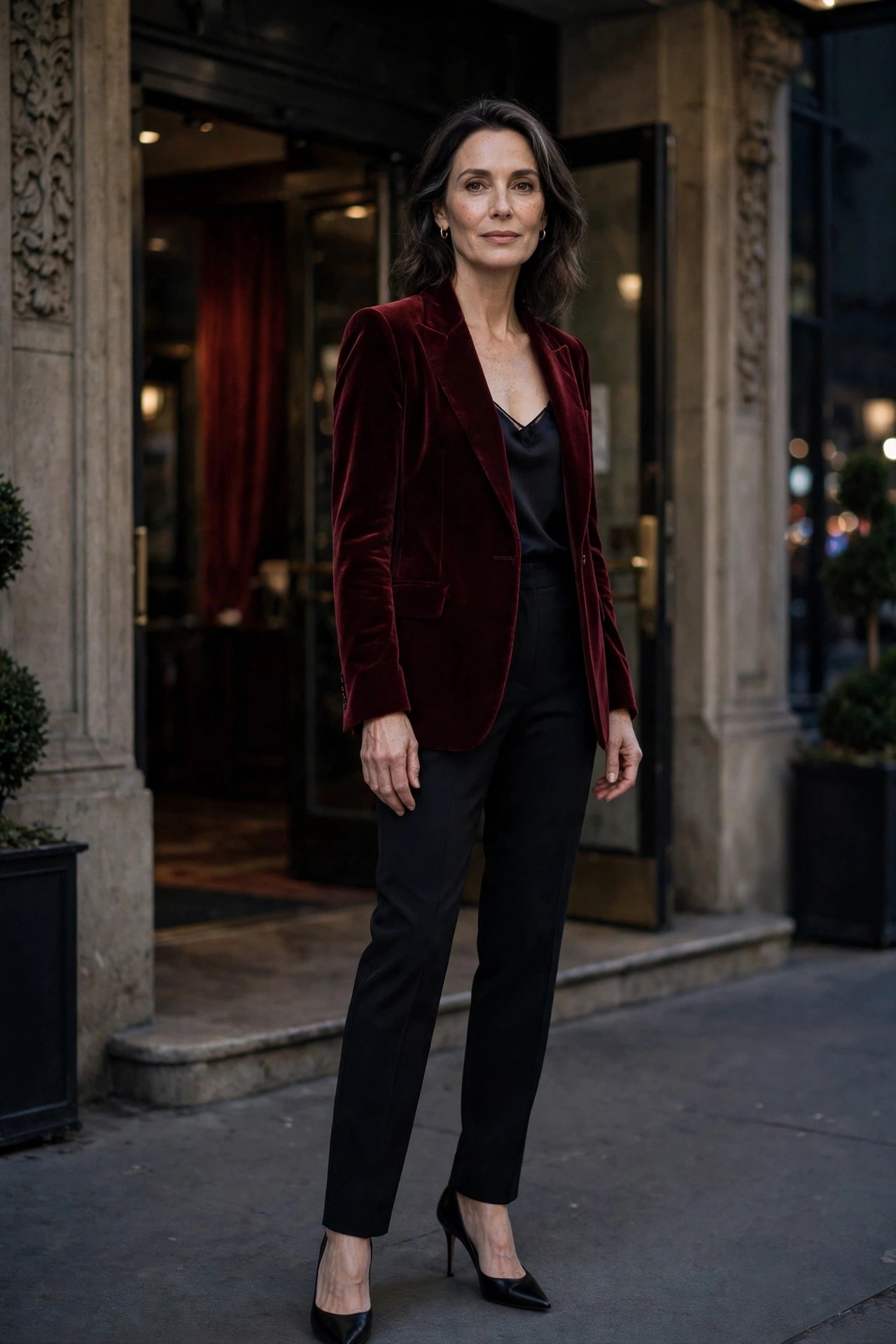 Woman over 50 in a burgundy velvet blazer with black camisole, trousers, and heels