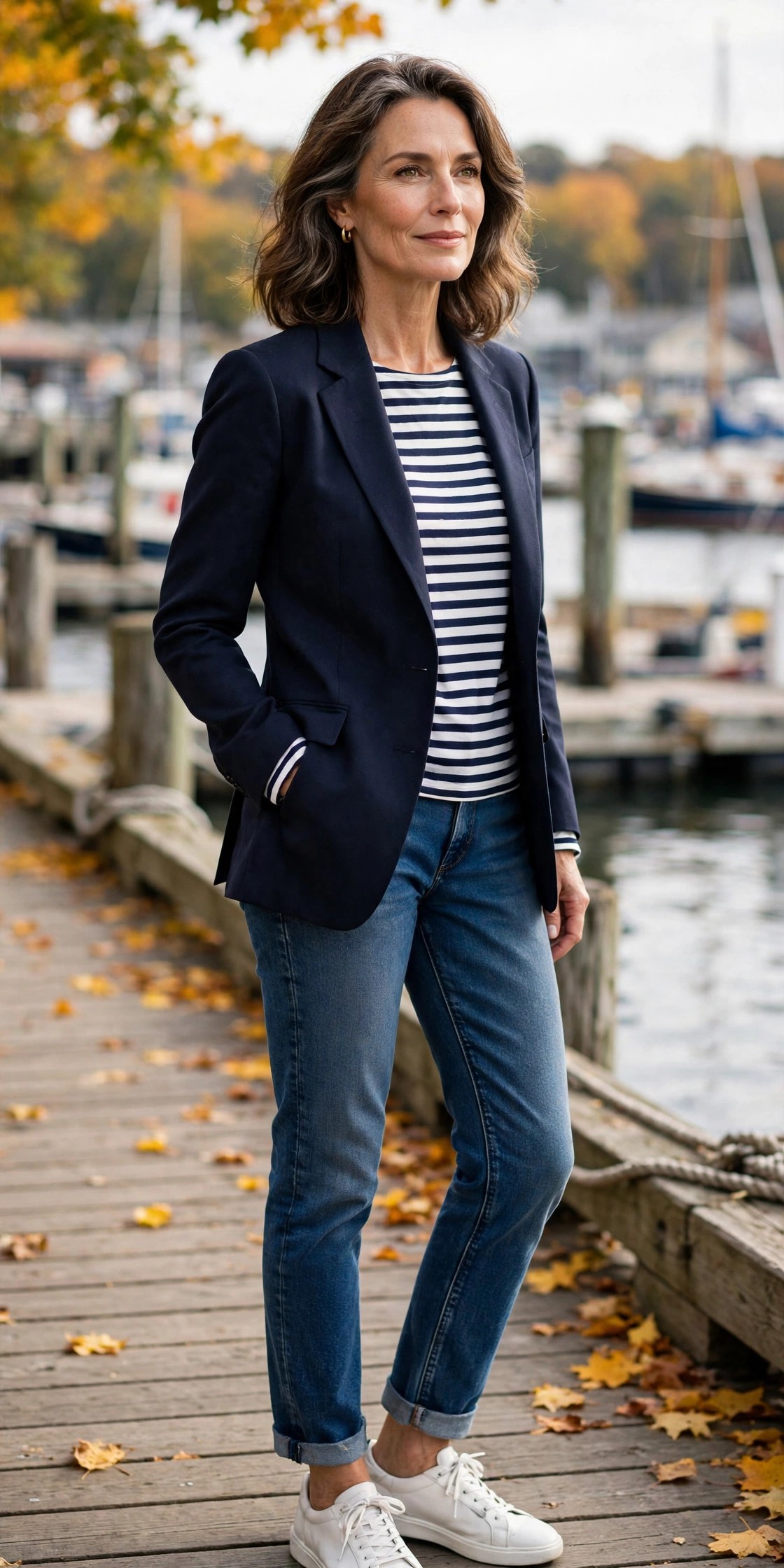 Woman over 50 in a navy blazer with Breton striped top, jeans, and white sneakers