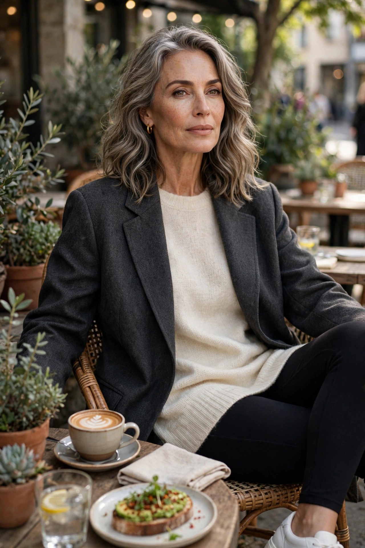Woman over 50 wearing a charcoal oversized blazer with cream tunic, leggings, and sneakers
