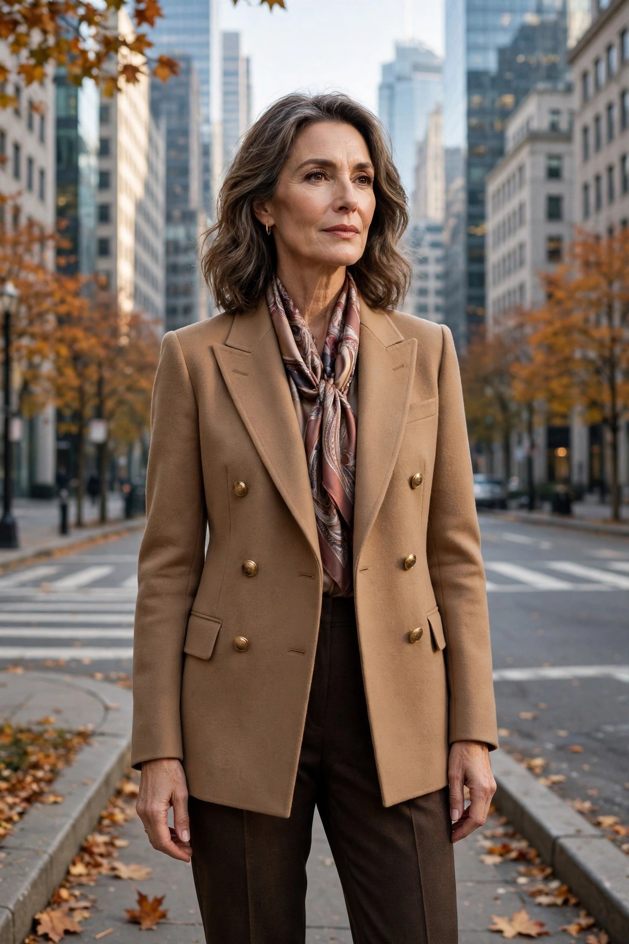 Woman over 50 in a double-breasted camel blazer with silk scarf and tailored trousers