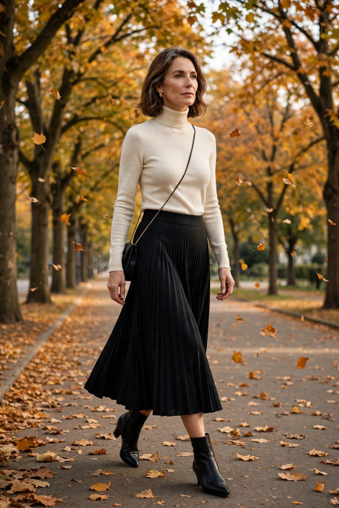 Woman over 50 in a black pleated midi skirt with a cream turtleneck and ankle boots