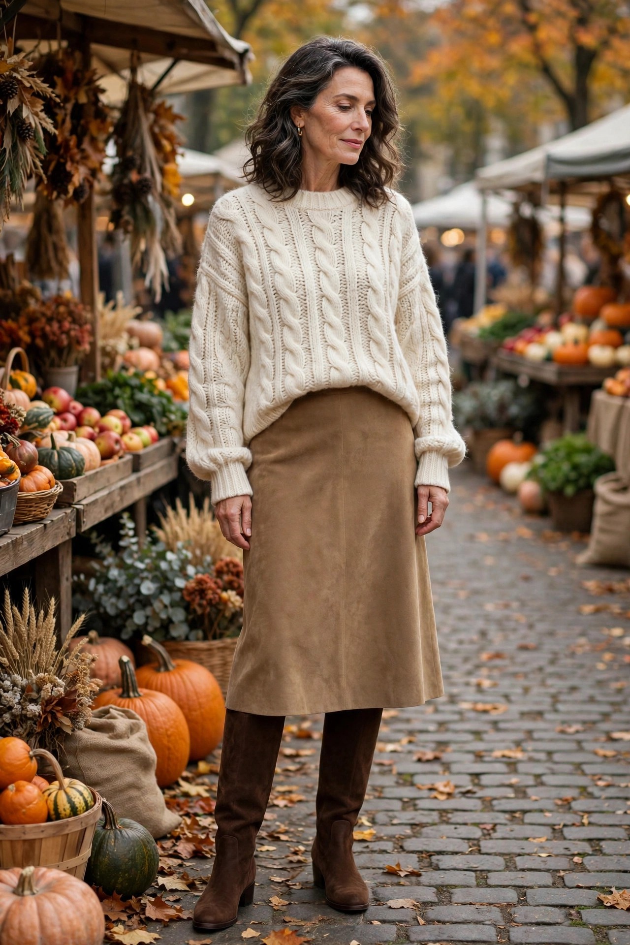 Woman over 50 wearing a tan suede midi skirt with a cream knit sweater and knee-high boots