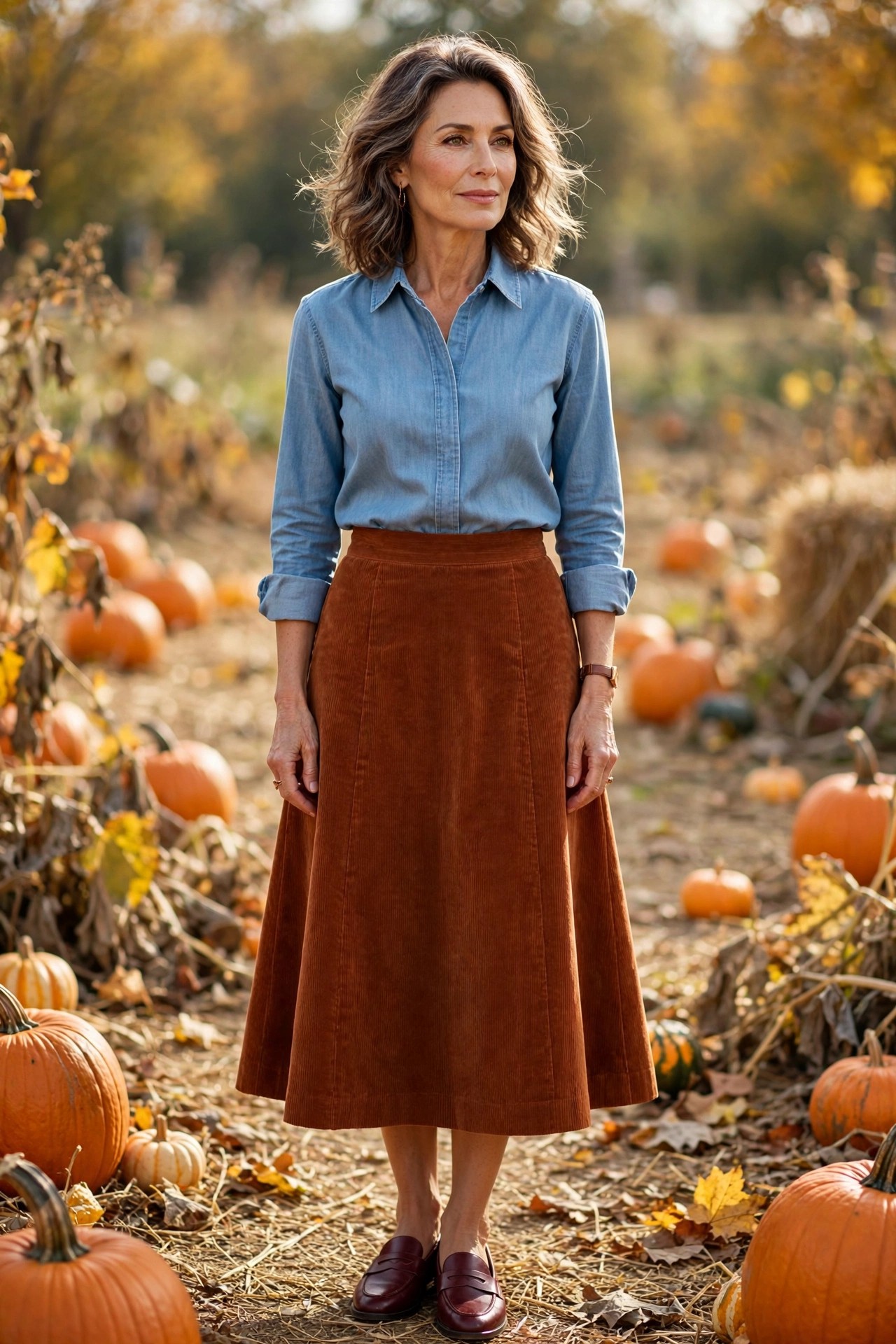 Woman over 50 in a rust corduroy A-line midi skirt with chambray shirt and loafers