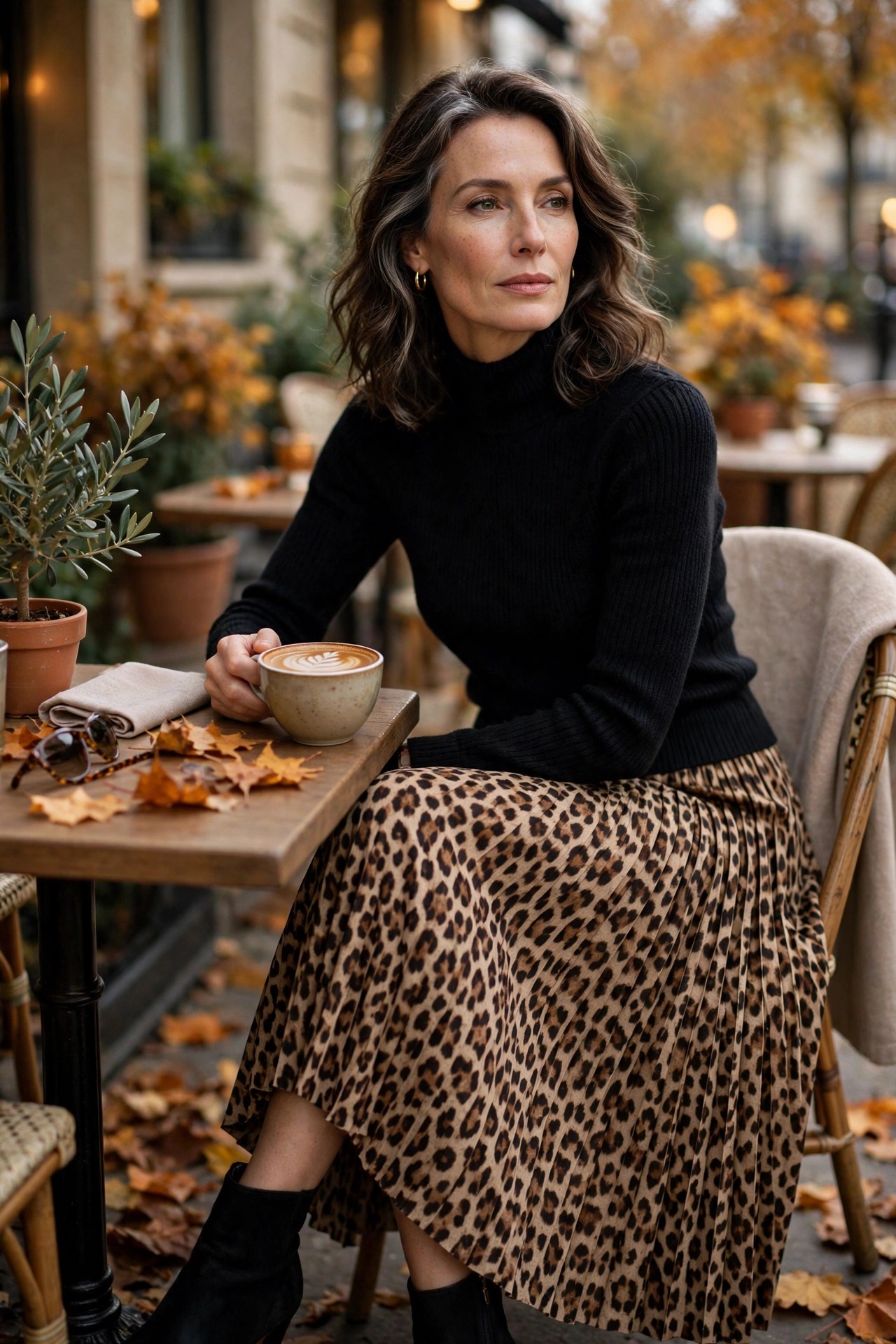 Woman over 50 wearing a leopard pleated midi skirt with a black sweater and ankle boots