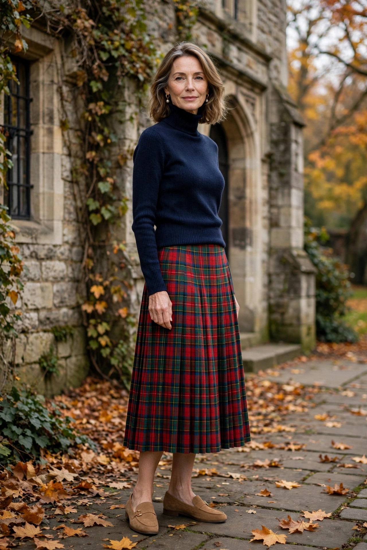 Woman over 50 in a tartan plaid pleated midi skirt with navy turtleneck and loafers