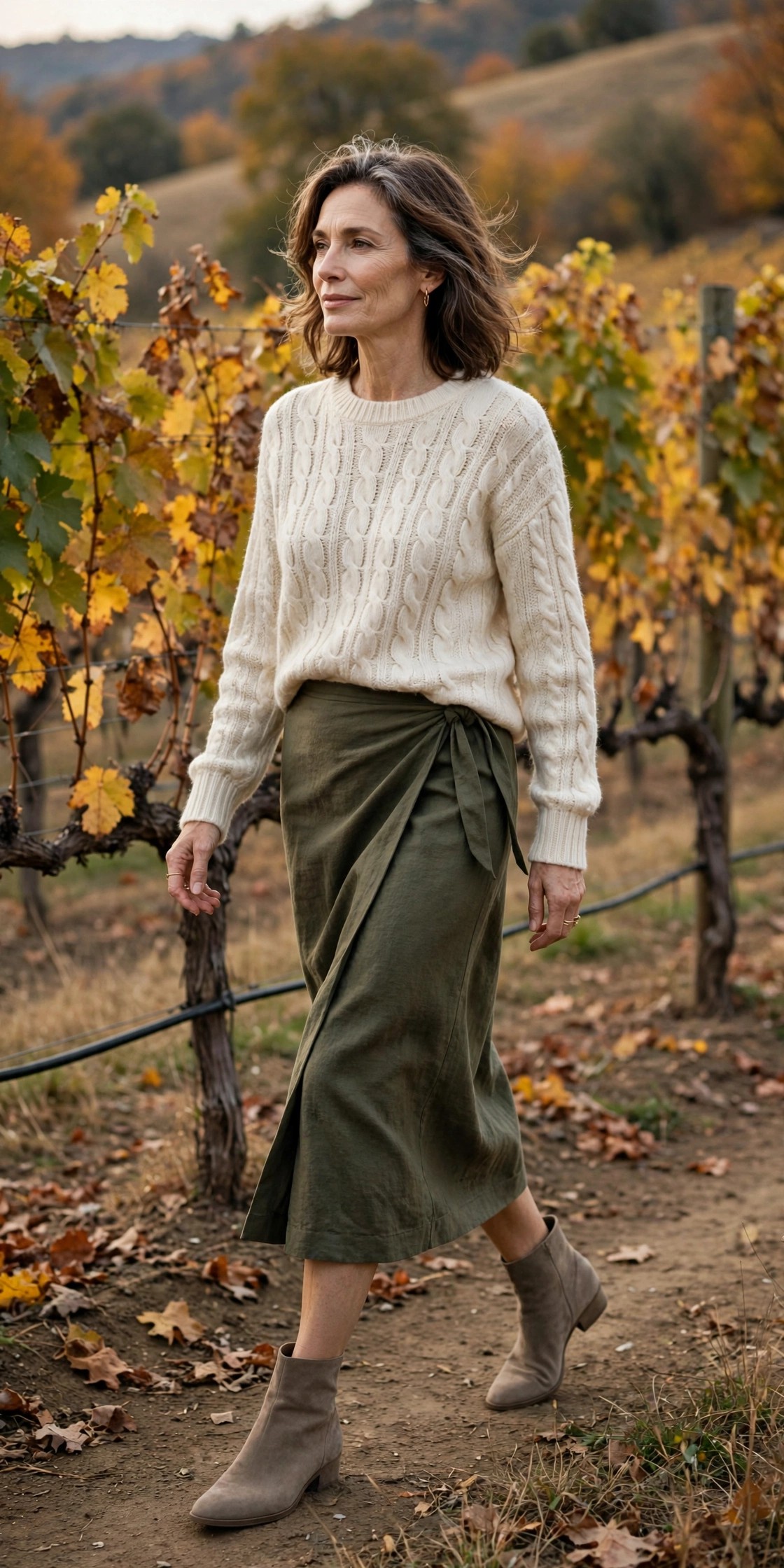 Woman over 50 wearing an olive wrap midi skirt with a cream cable-knit sweater