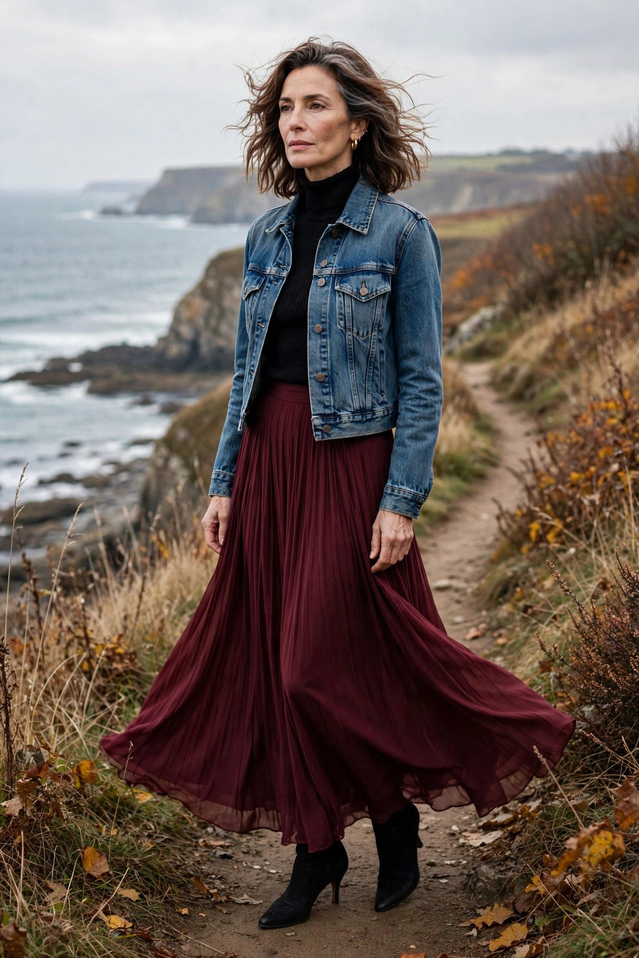 Woman over 50 in a burgundy flowy maxi skirt with a cropped denim jacket and heeled boots