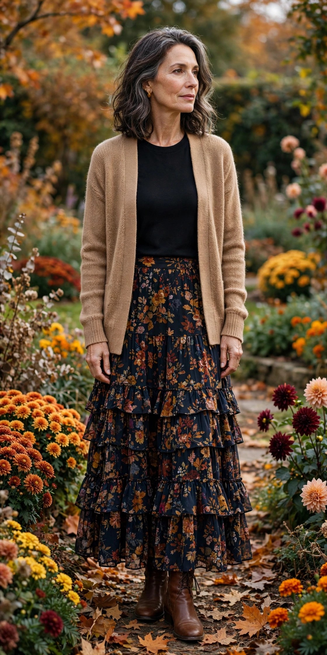 Woman over 50 wearing a dark floral tiered maxi skirt with a tan cardigan and ankle boots