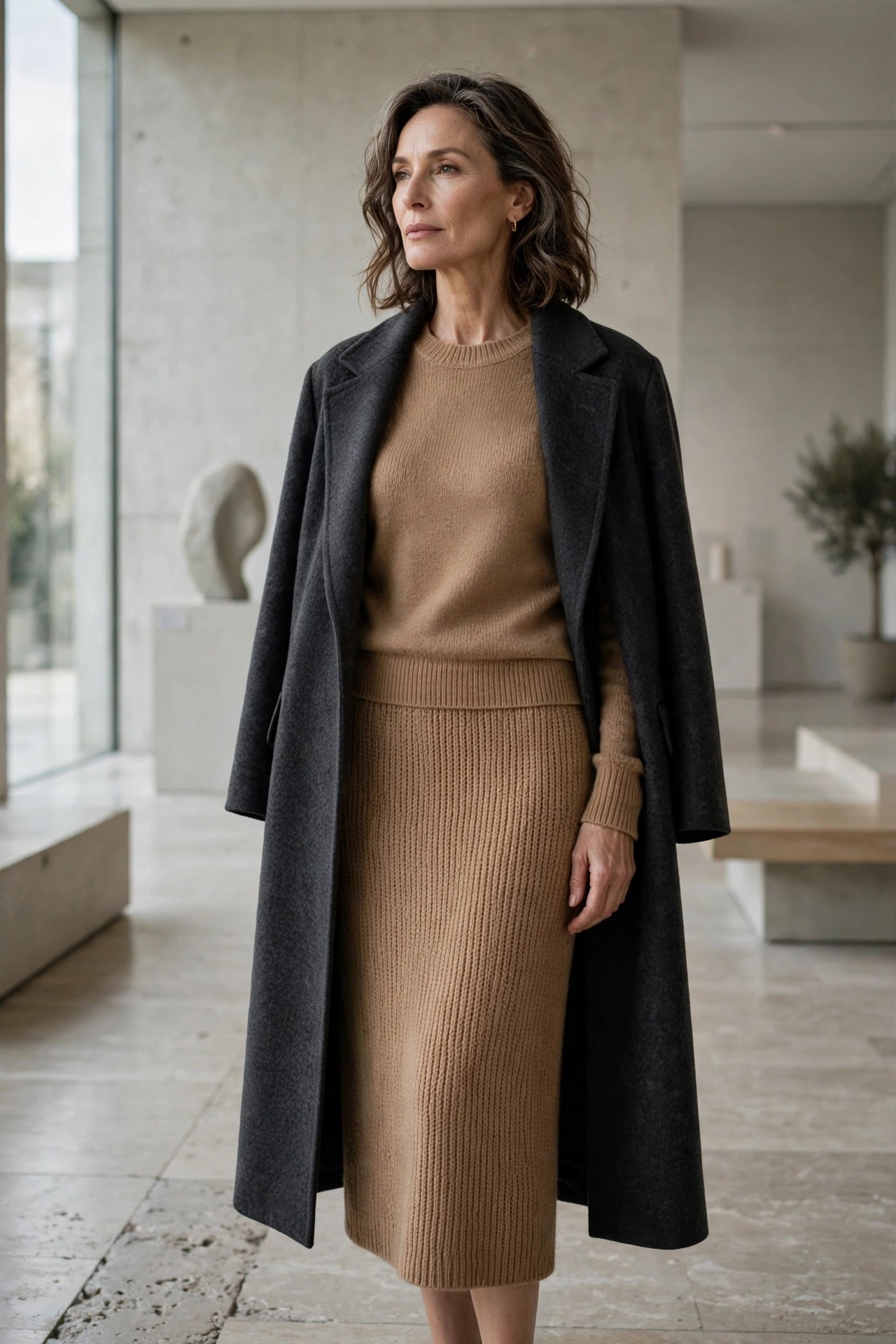 Woman over 50 wearing a camel knit midi skirt set with a charcoal wool coat