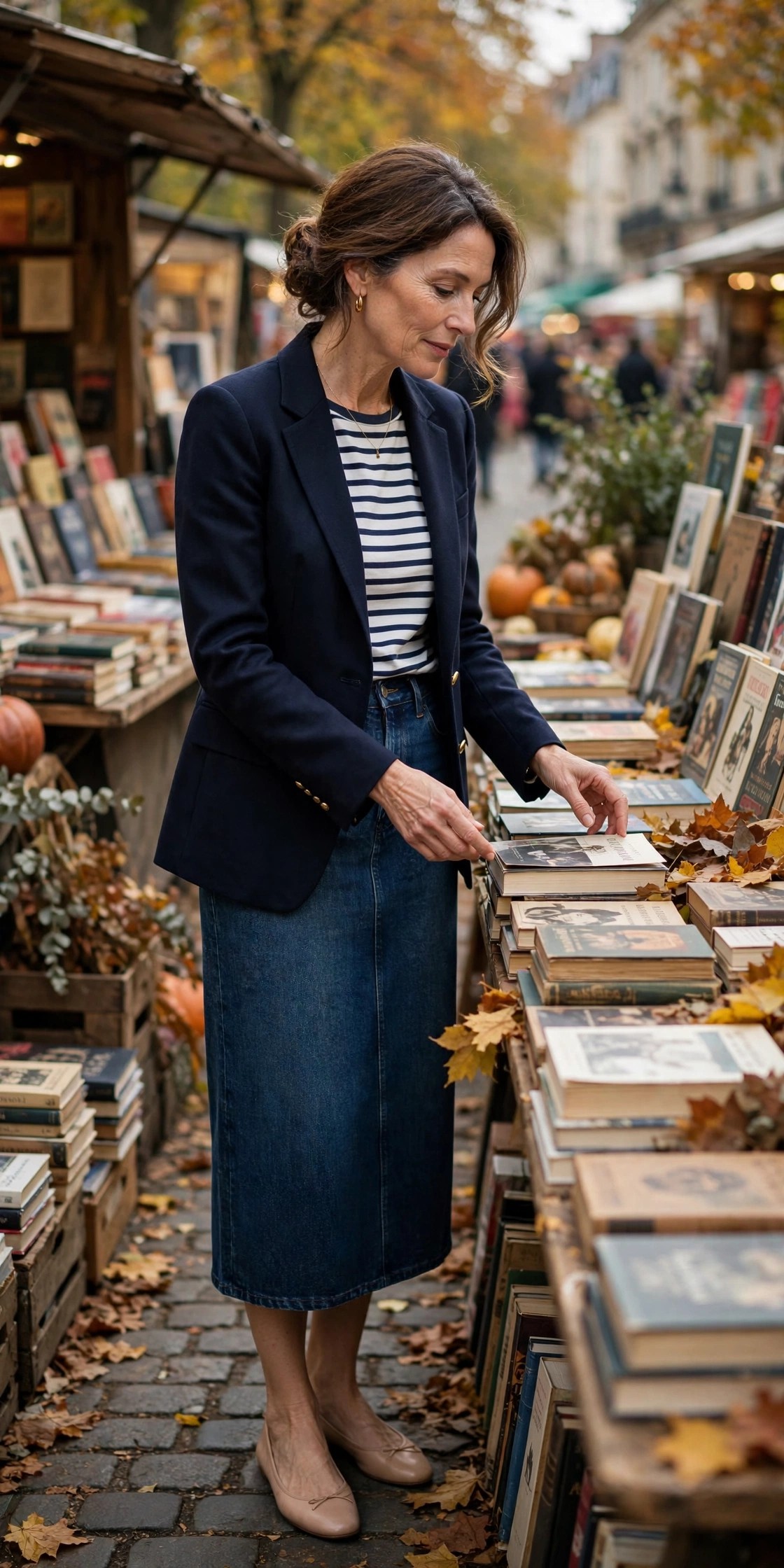 Woman over 50 in a dark denim midi skirt with a Breton top and navy blazer