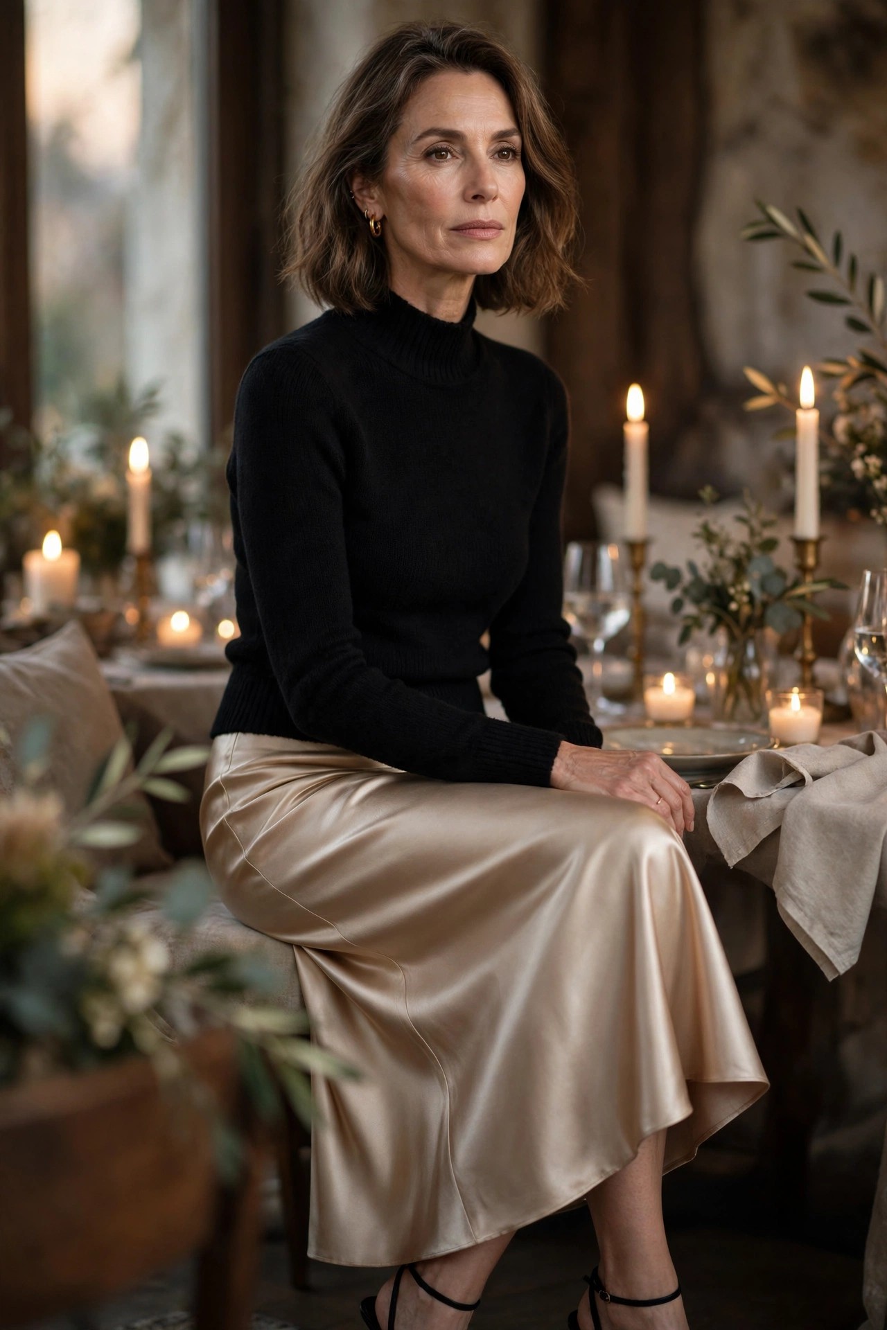 Woman over 50 wearing a champagne satin midi skirt with a black sweater and strappy heels