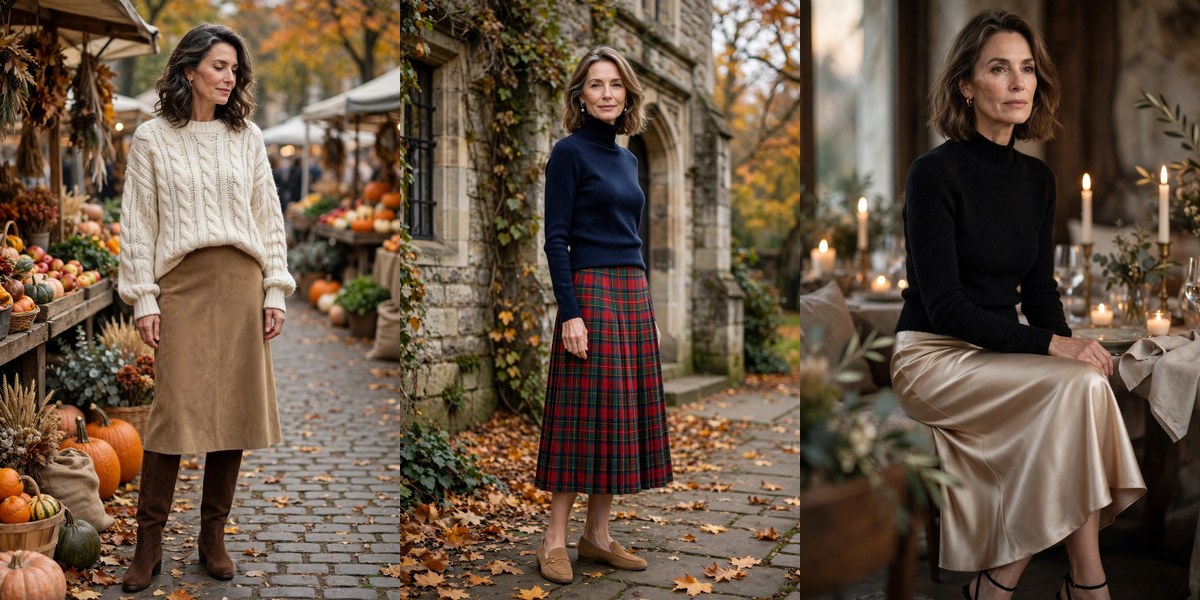 Fall skirt outfits for women over 50, midi maxi and pleated looks