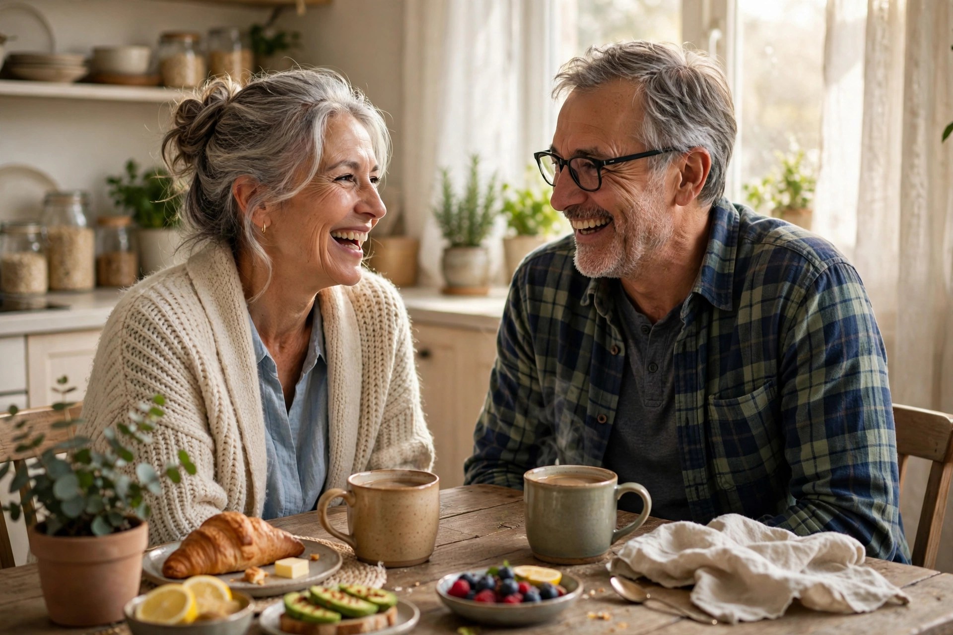 Older couple sharing morning coffee together at a sunny kitchen table, laughing