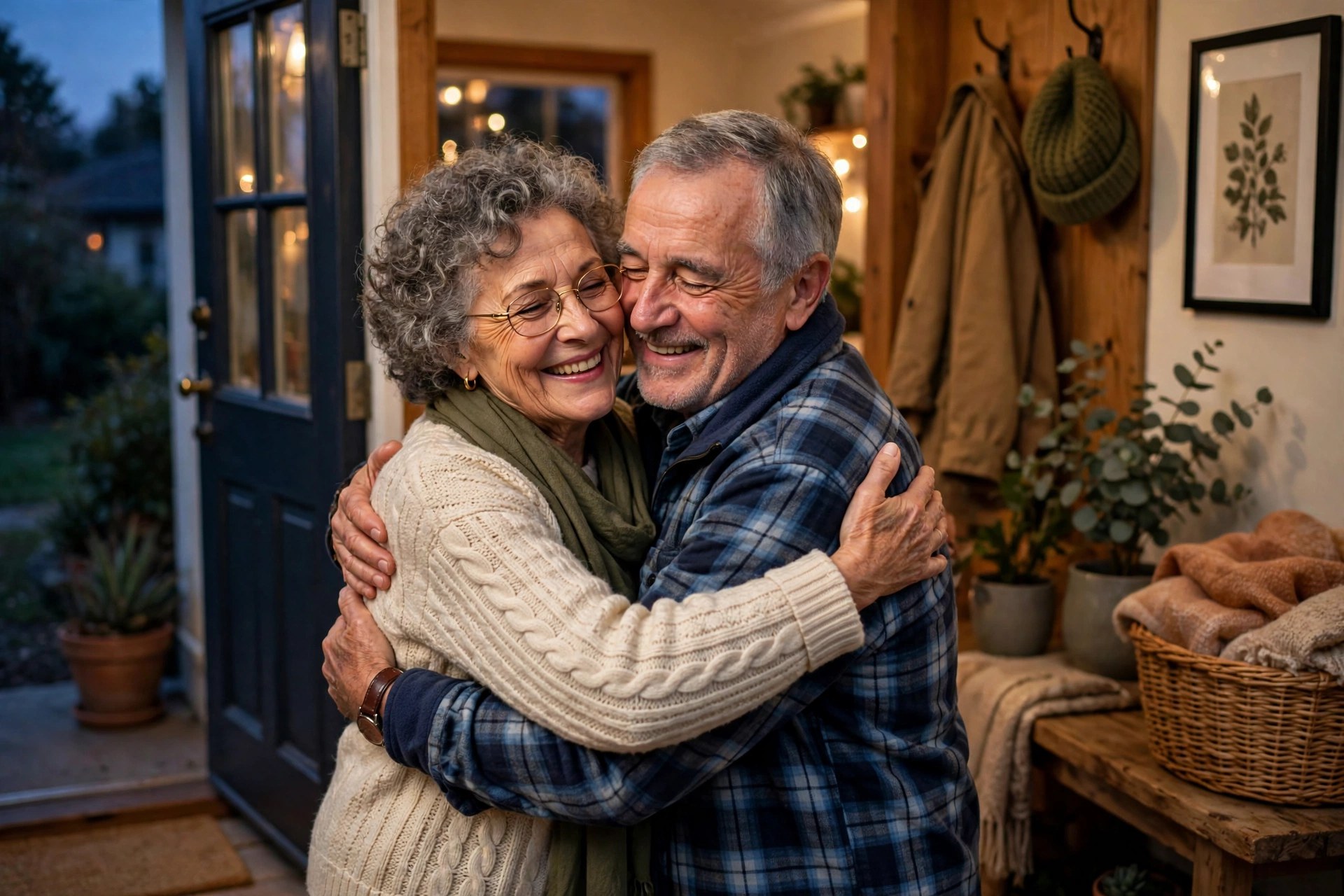 Wife in her 60s greeting her husband with a warm hug at their front door in the evening