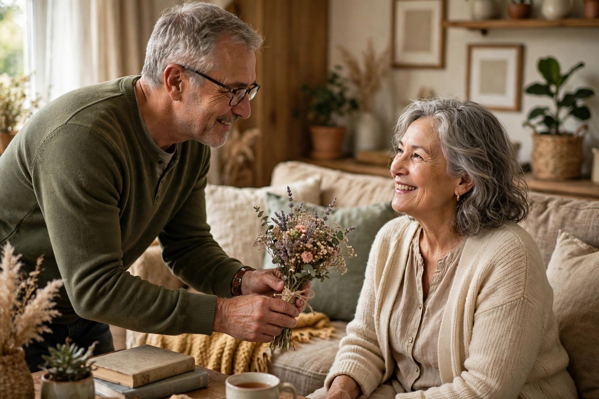 Husband in his 60s handing his wife a small bouquet of flowers in their cozy living room