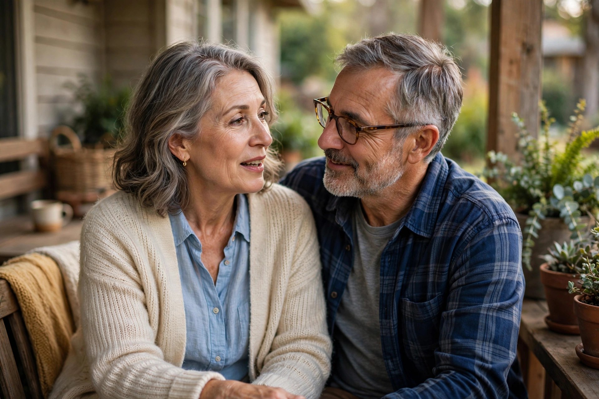 Older couple sitting close on a porch bench, husband listening attentively while wife talks