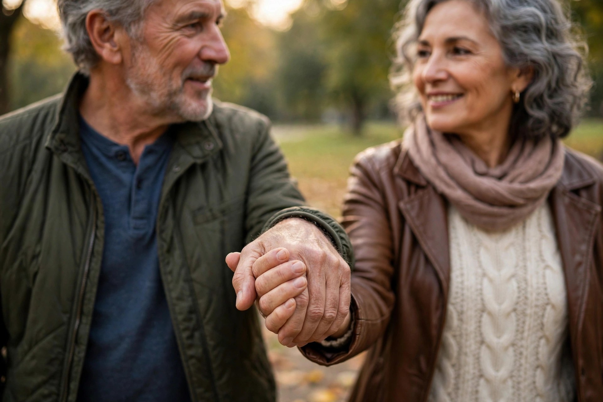 Older couple in their 60s holding hands while walking together through a park