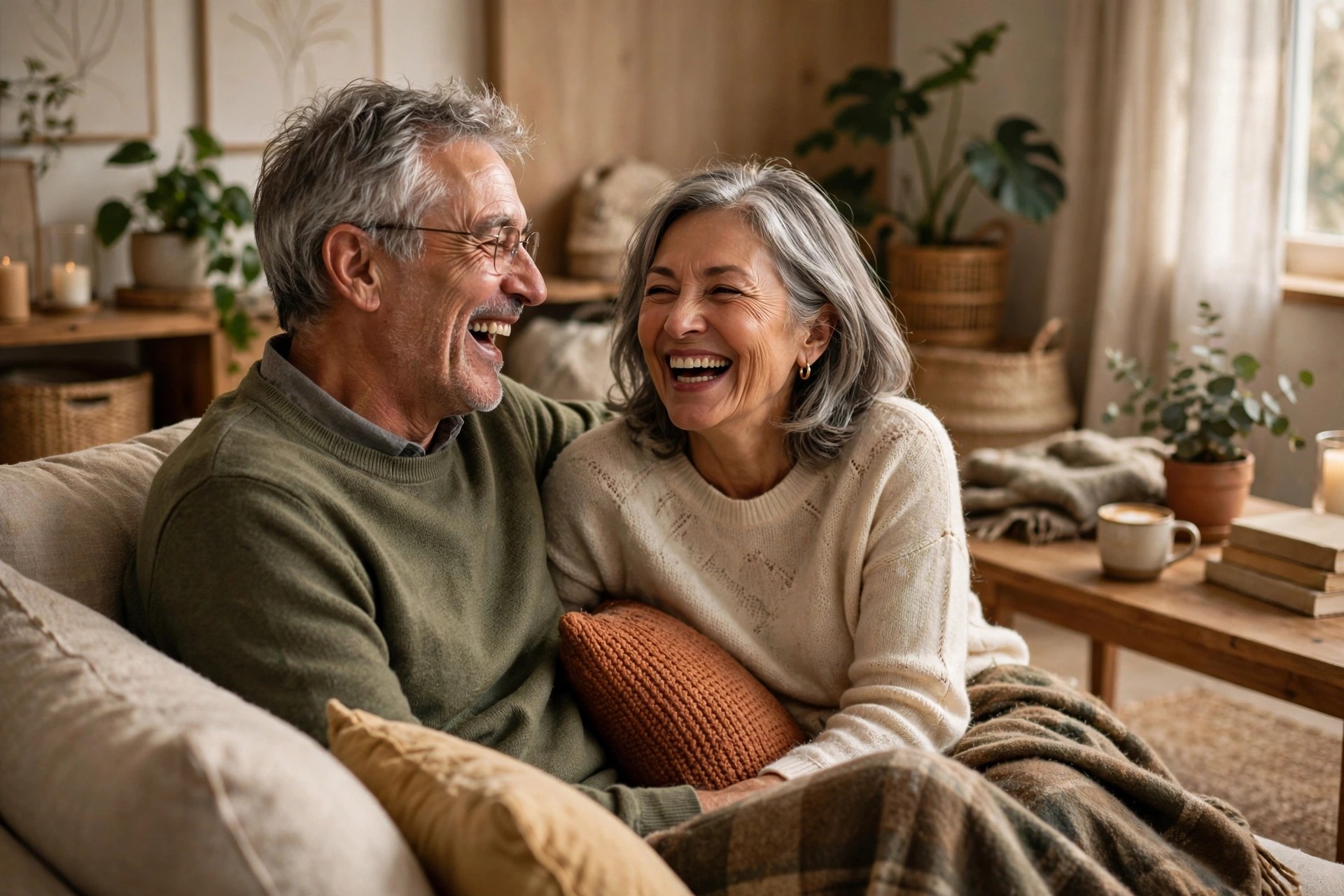 Older couple in their 60s laughing together on a sofa in a cozy living room