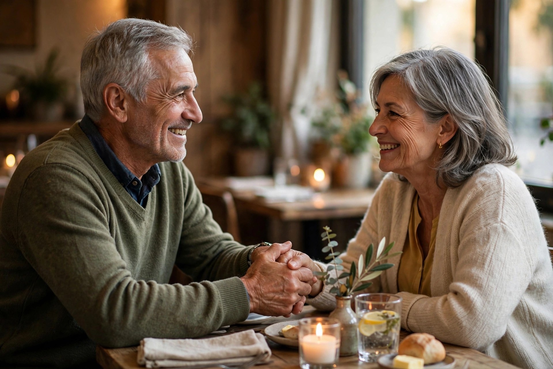Older couple in their 60s on a date night at a candlelit restaurant table, holding hands