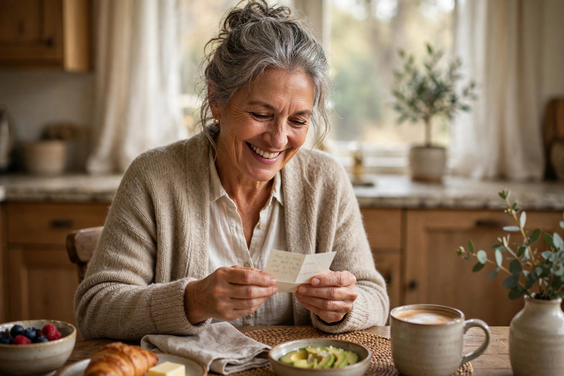 Wife in her 60s reading a small handwritten love note at the breakfast table, smiling