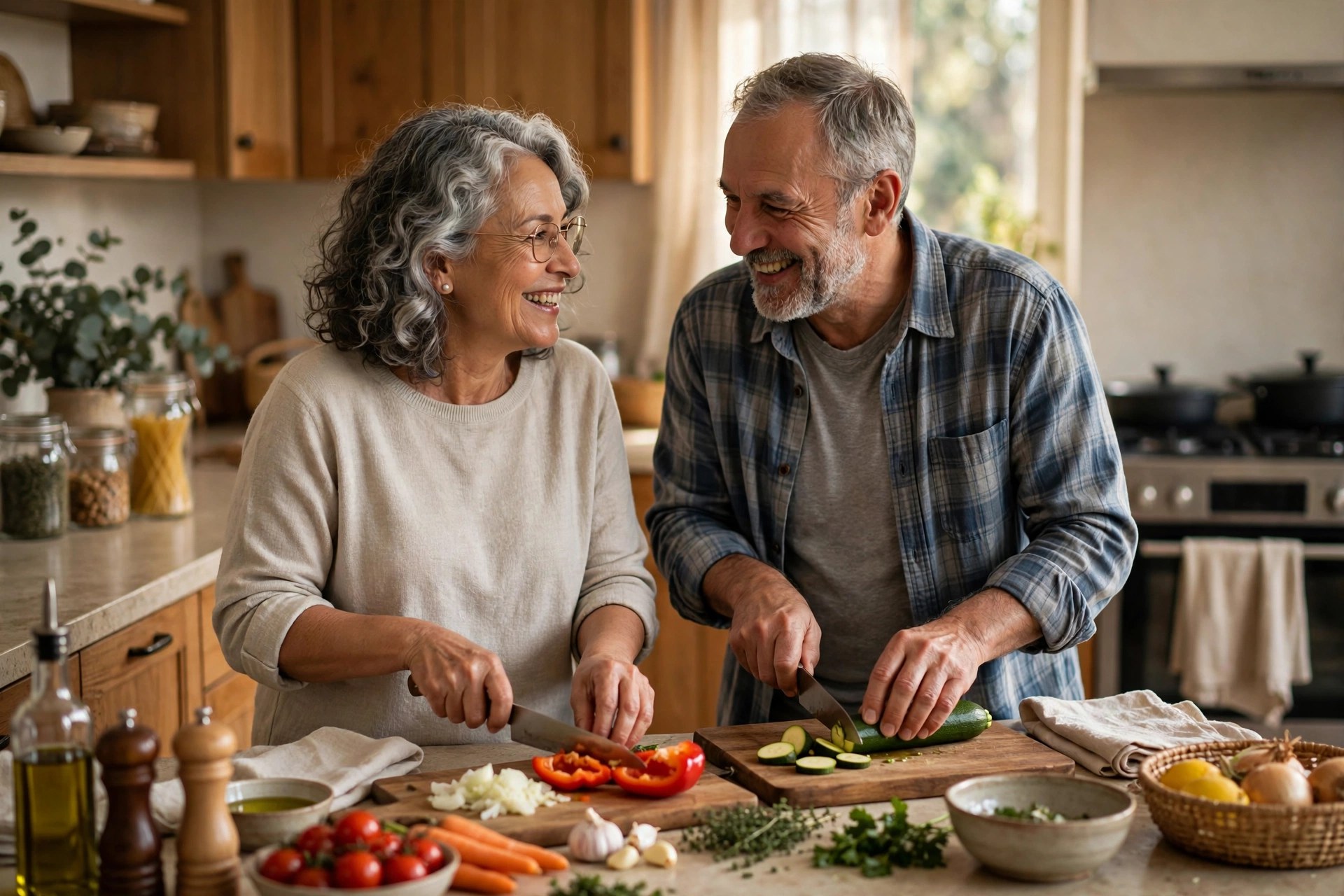 Older couple in their 60s cooking dinner together in a warm home kitchen, smiling