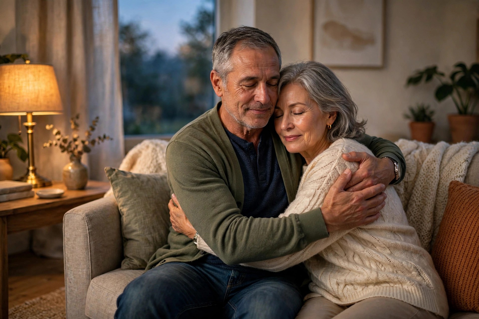 Older couple in their 60s sharing a tender hug on a couch in the evening living room