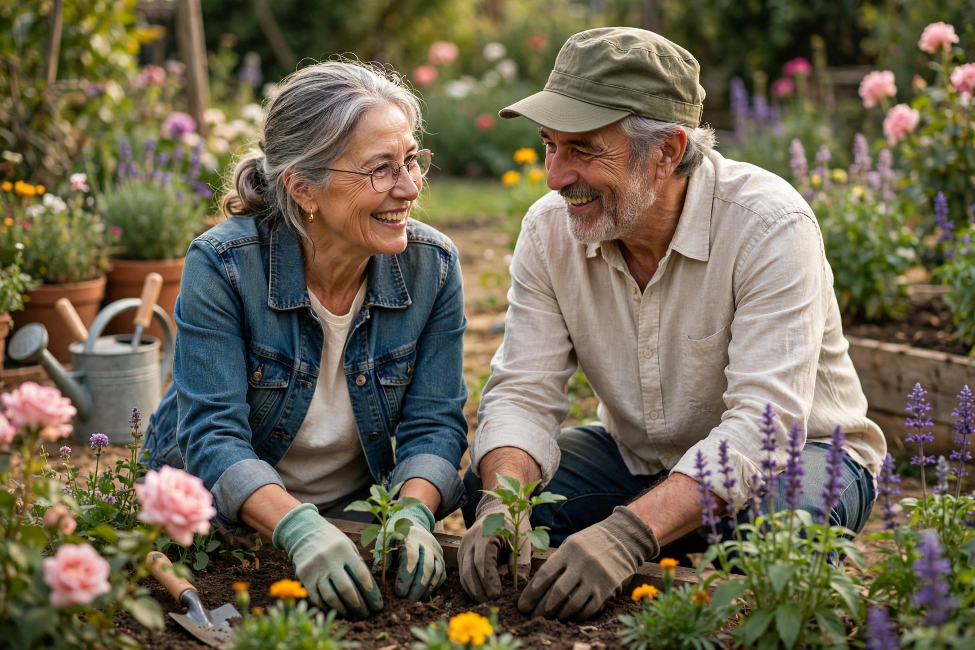 Older couple in their 60s gardening together in a flower garden, planting side by side