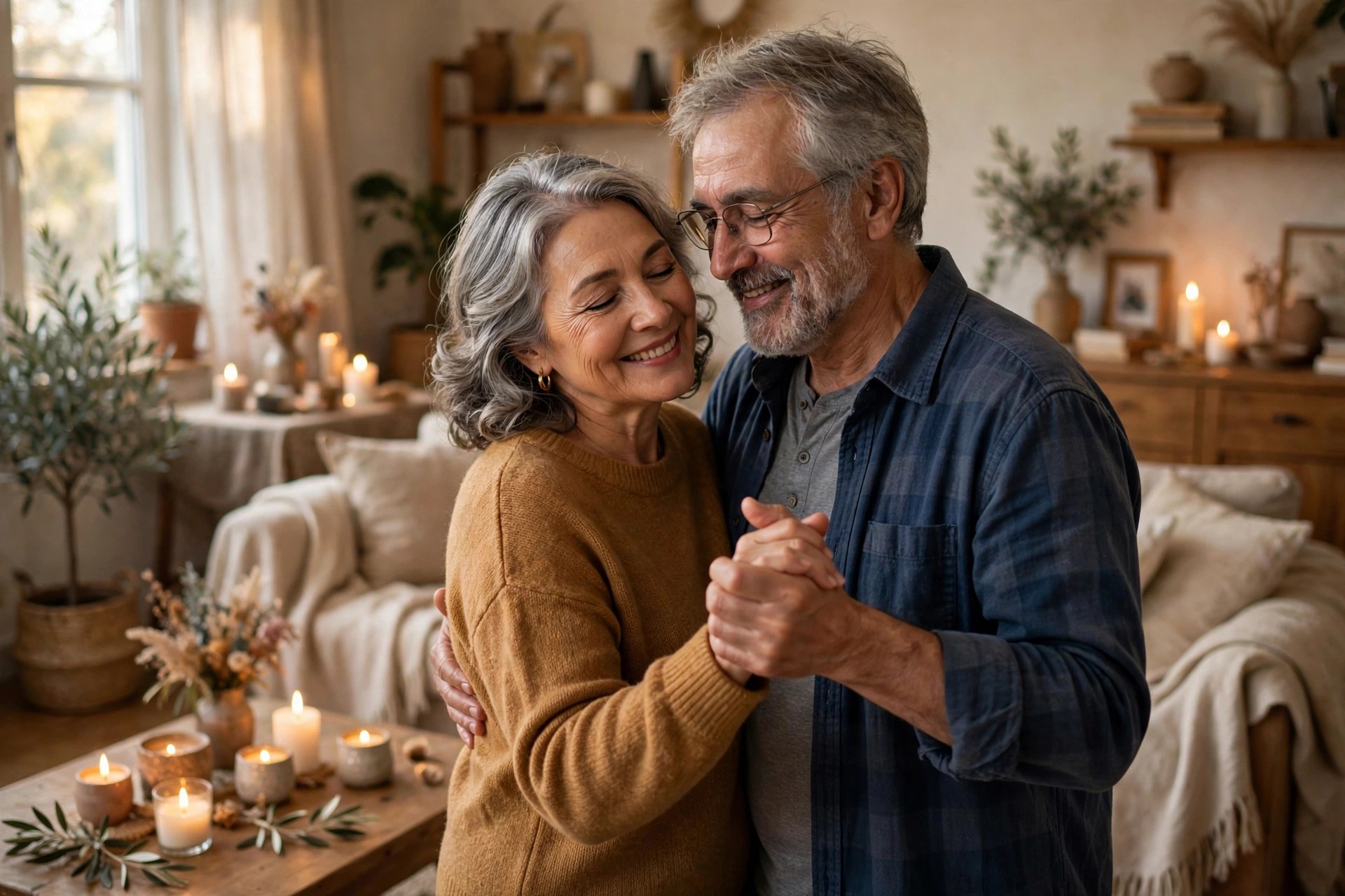 Older couple in their 60s slow dancing in their living room by warm candlelight on their anniversary