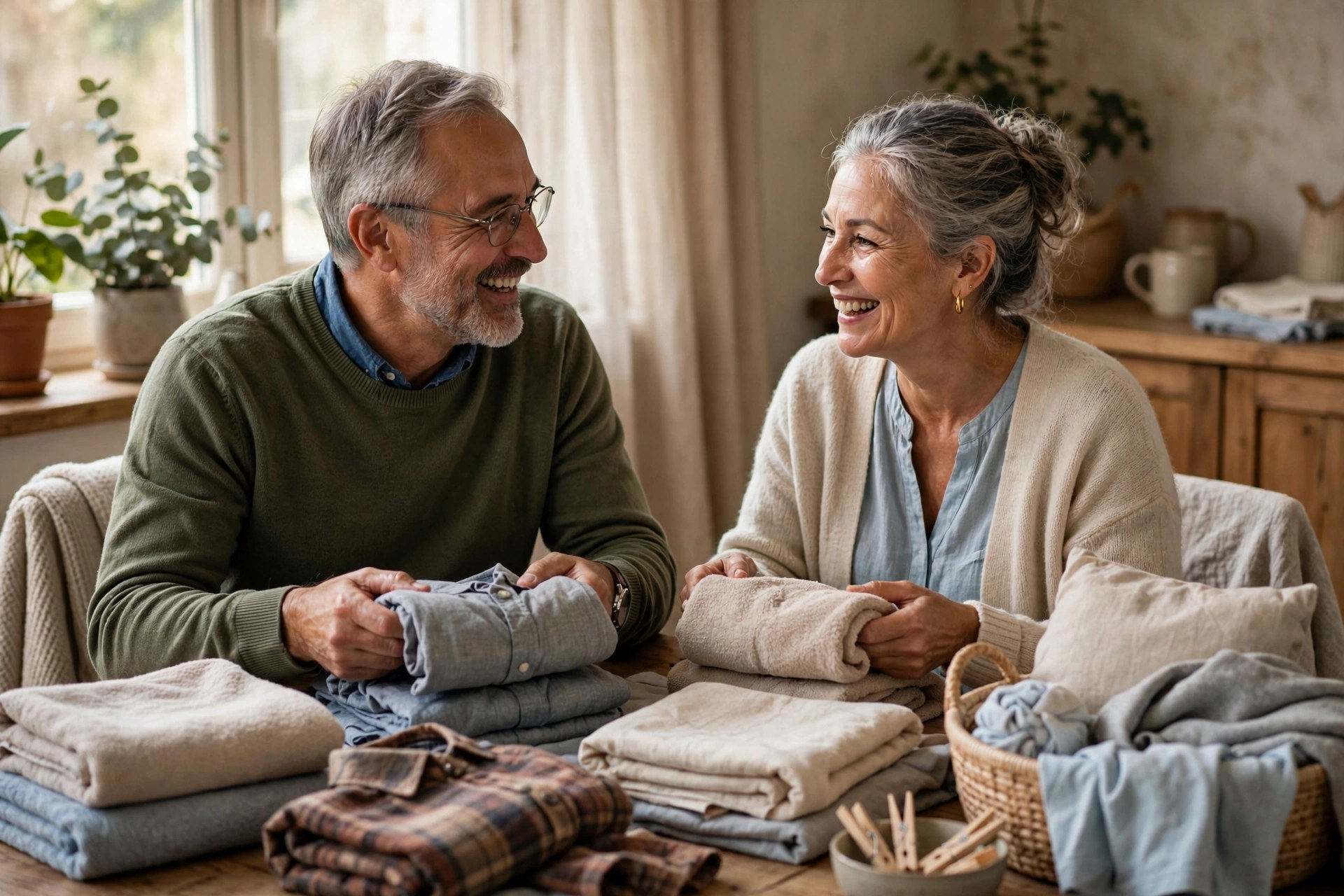 Older couple in their 60s folding laundry together and chatting happily, teamwork