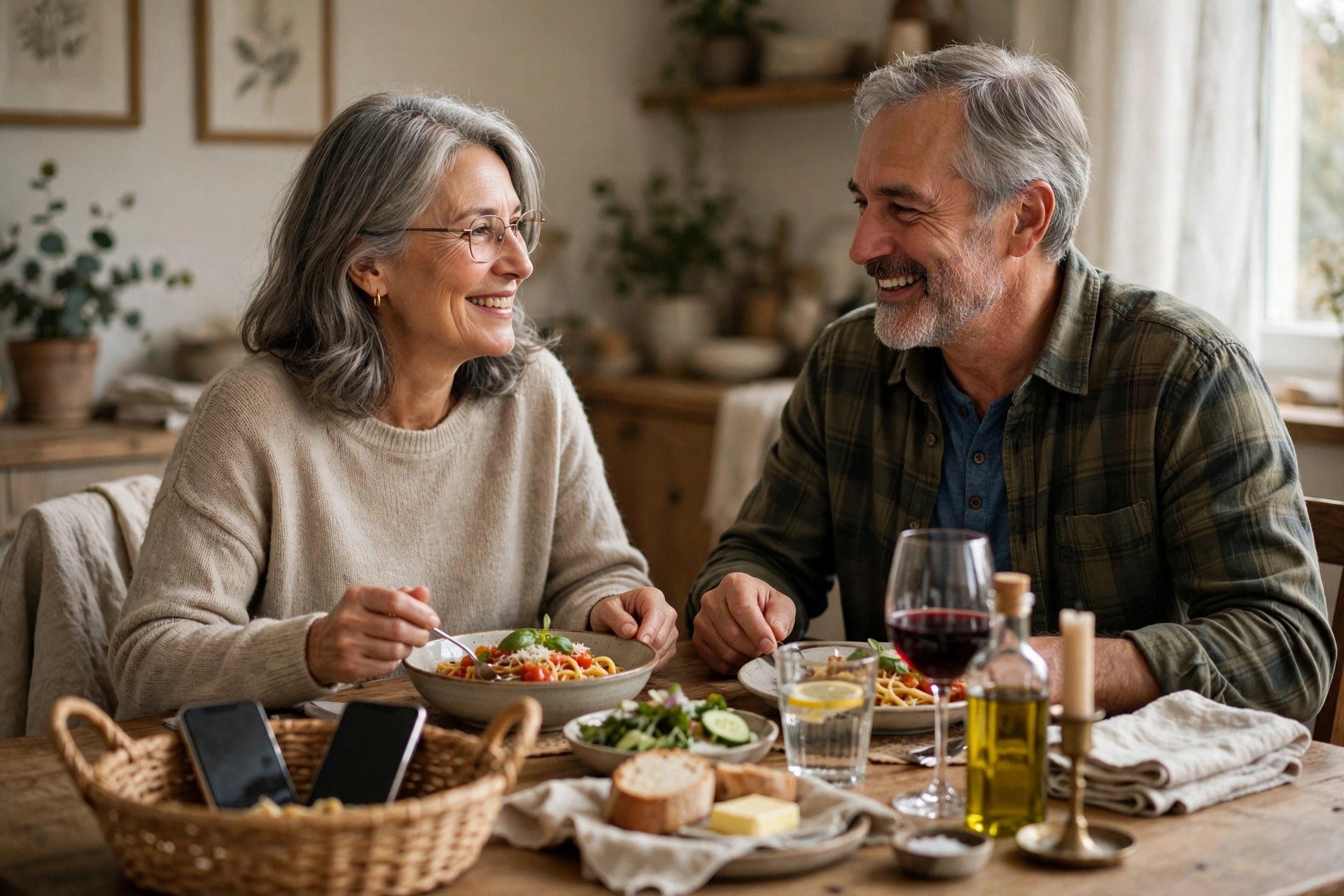 Older couple in their 60s enjoying dinner together at home, phones put away nearby