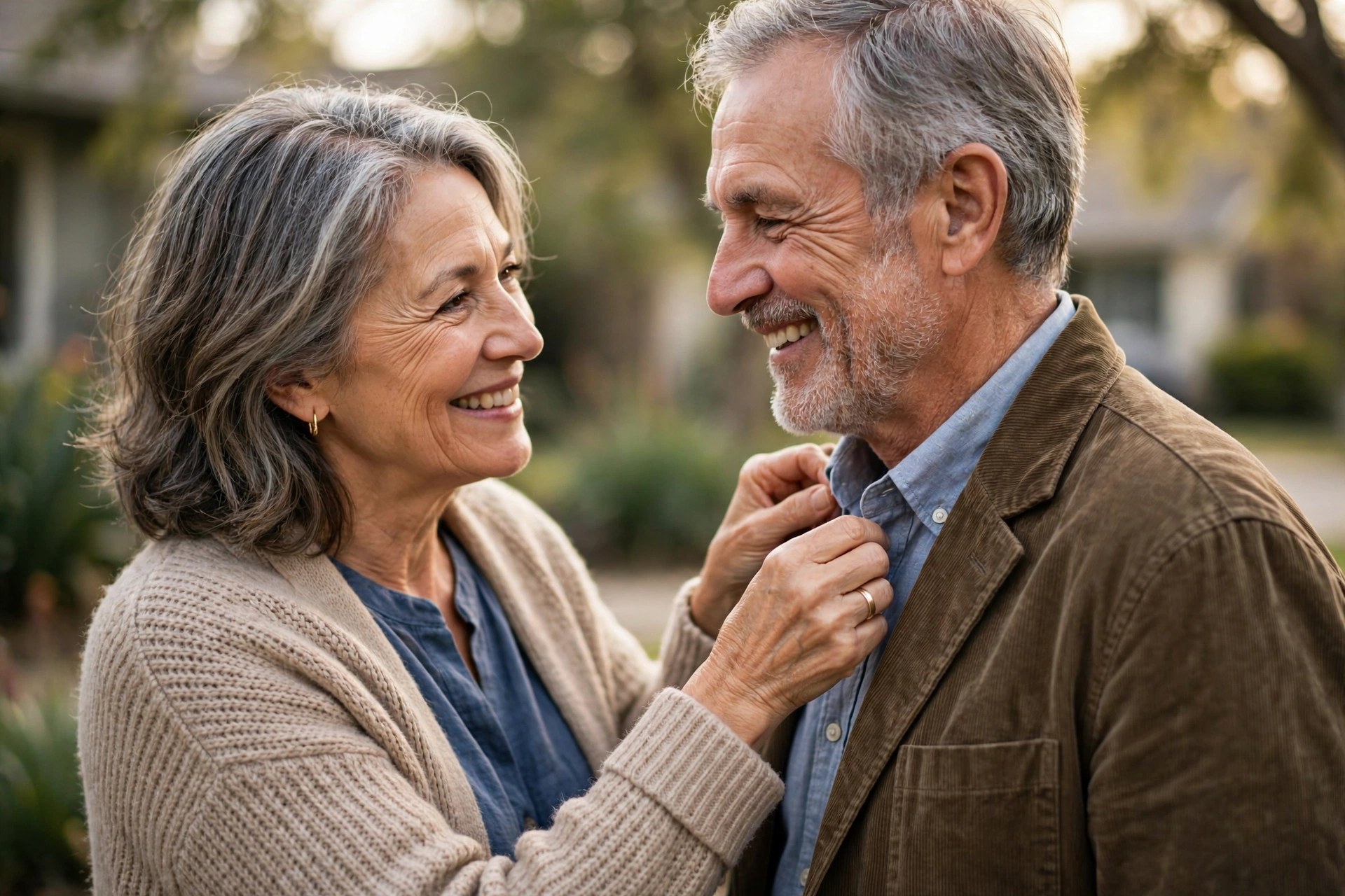 Older couple in their 60s, wife gently straightening her husband's collar, both smiling warmly