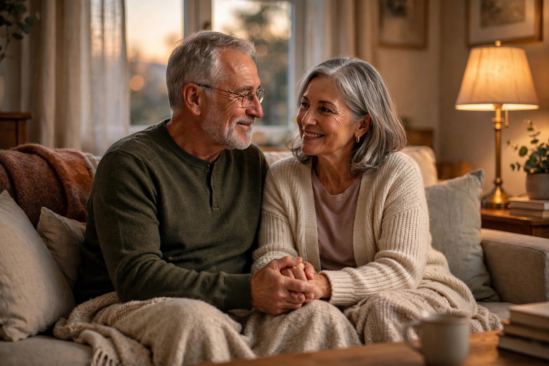 Older couple in their 60s making up on the couch before bed, warm lamplight, holding hands