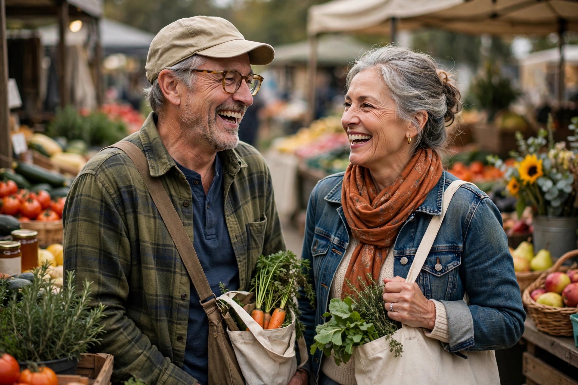 Older couple in their 60s shopping together at a farmers market, laughing, relaxed